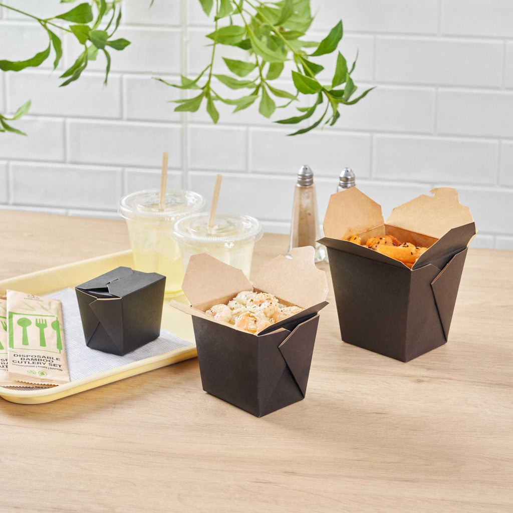 Bio Tek 16 oz Square Black Paper Noodle Take Out Container - 3 1/2" x 3" x 3 1/4" - 25 count box