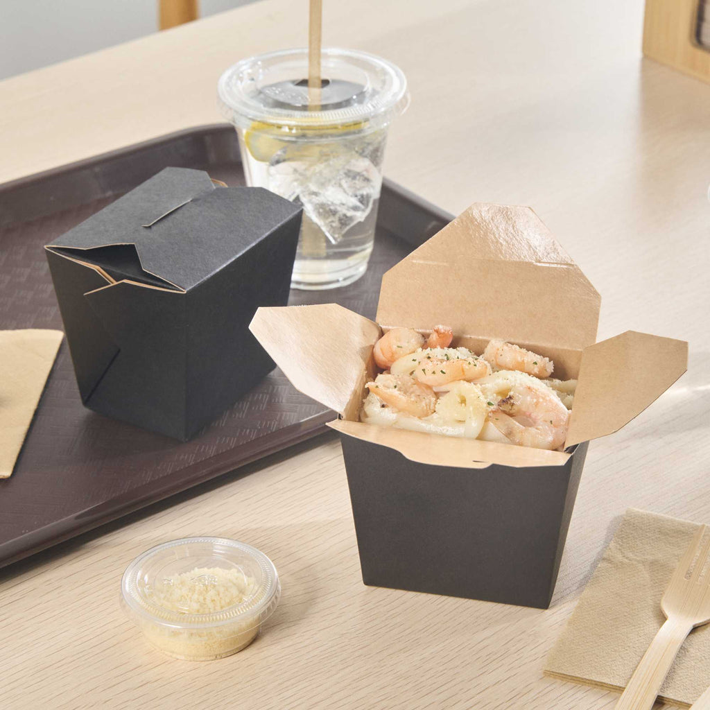 Bio Tek 16 oz Square Black Paper Noodle Take Out Container - 3 1/2" x 3" x 3 1/4" - 200 count box