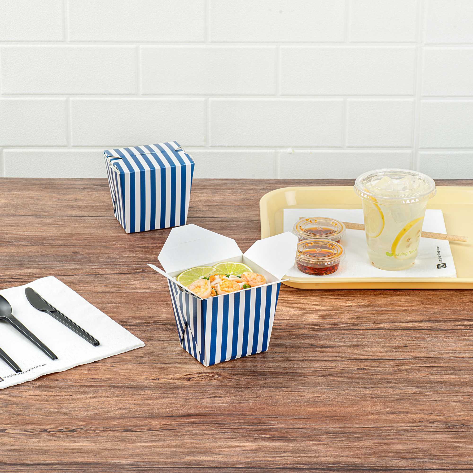 Bio Tek 16 oz Square Blue and White Stripe Paper Noodle Take Out Container - 3 1/2" x 3" x 3 1/4" - 200 count box