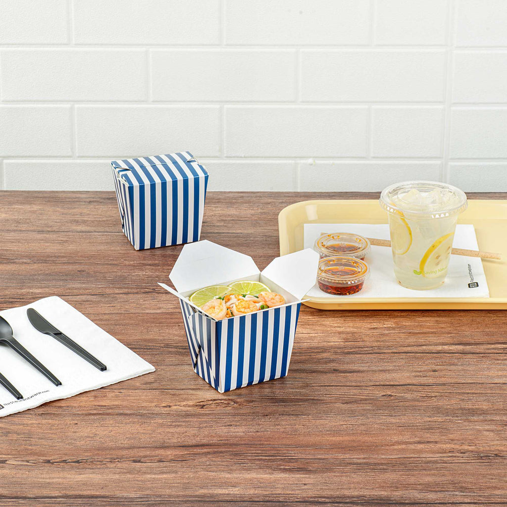 Bio Tek 16 oz Square Blue and White Stripe Paper Noodle Take Out Container - 3 1/2" x 3" x 3 1/4" - 50 count box