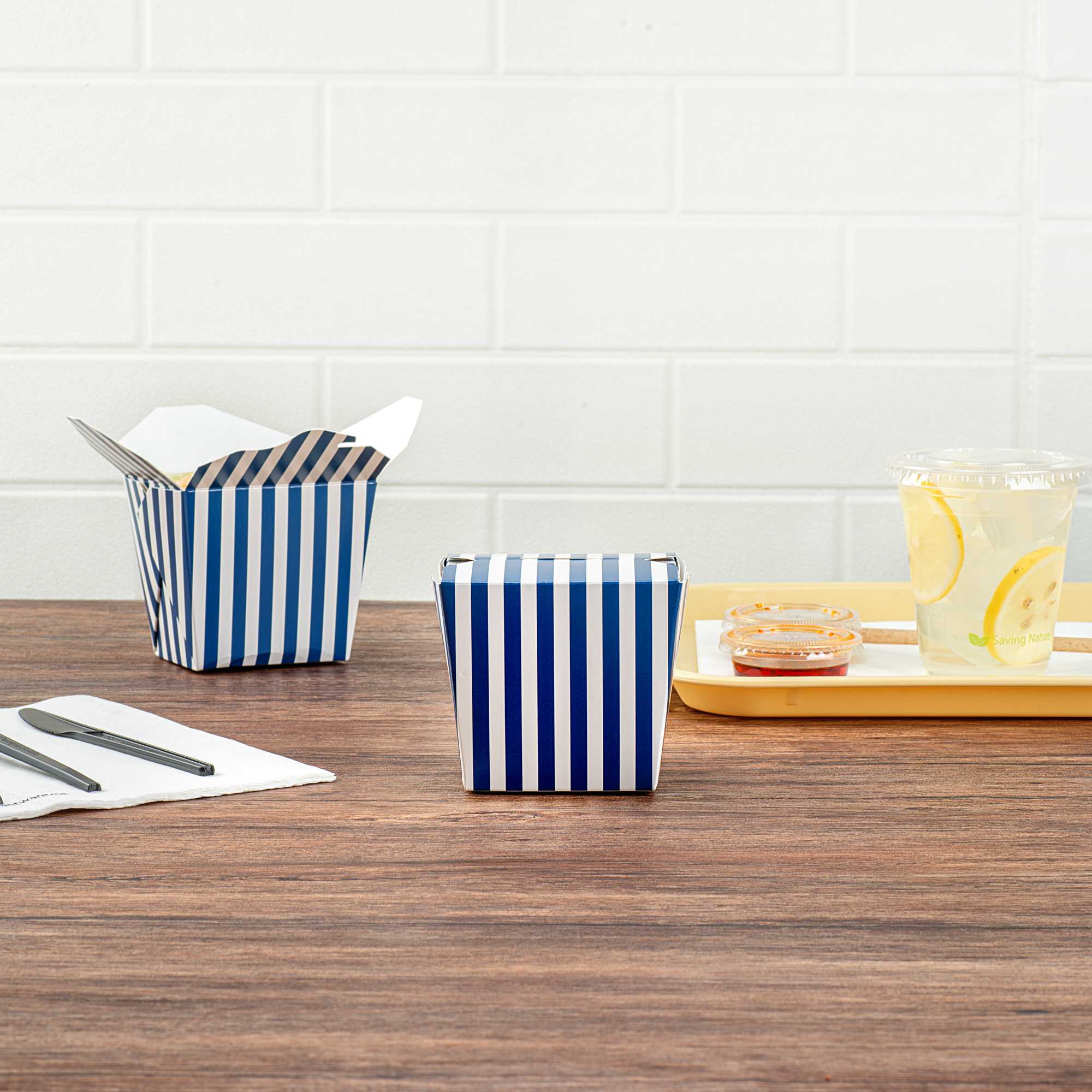 Bio Tek 16 oz Square Blue and White Stripe Paper Noodle Take Out Container - 3 1/2" x 3" x 3 1/4" - 200 count box