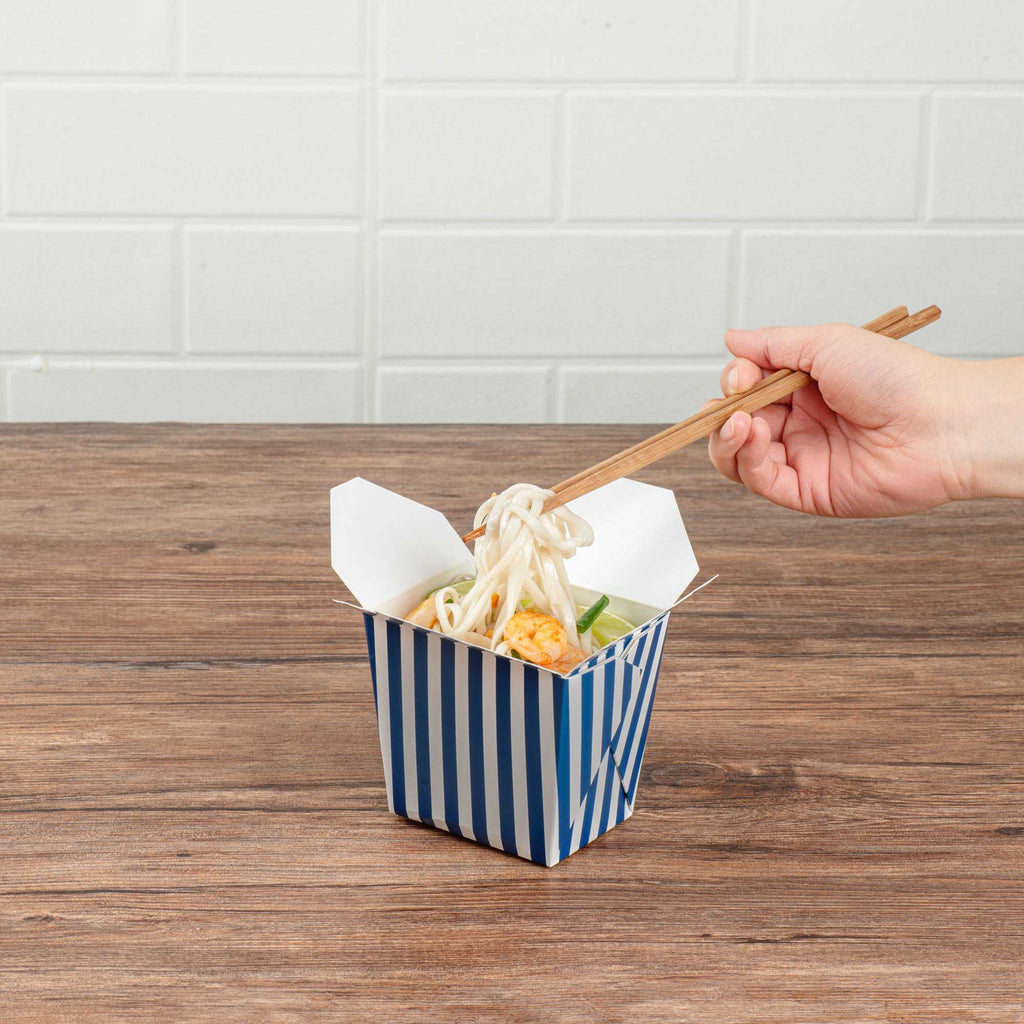 Bio Tek 16 oz Square Blue and White Stripe Paper Noodle Take Out Container - 3 1/2" x 3" x 3 1/4" - 200 count box