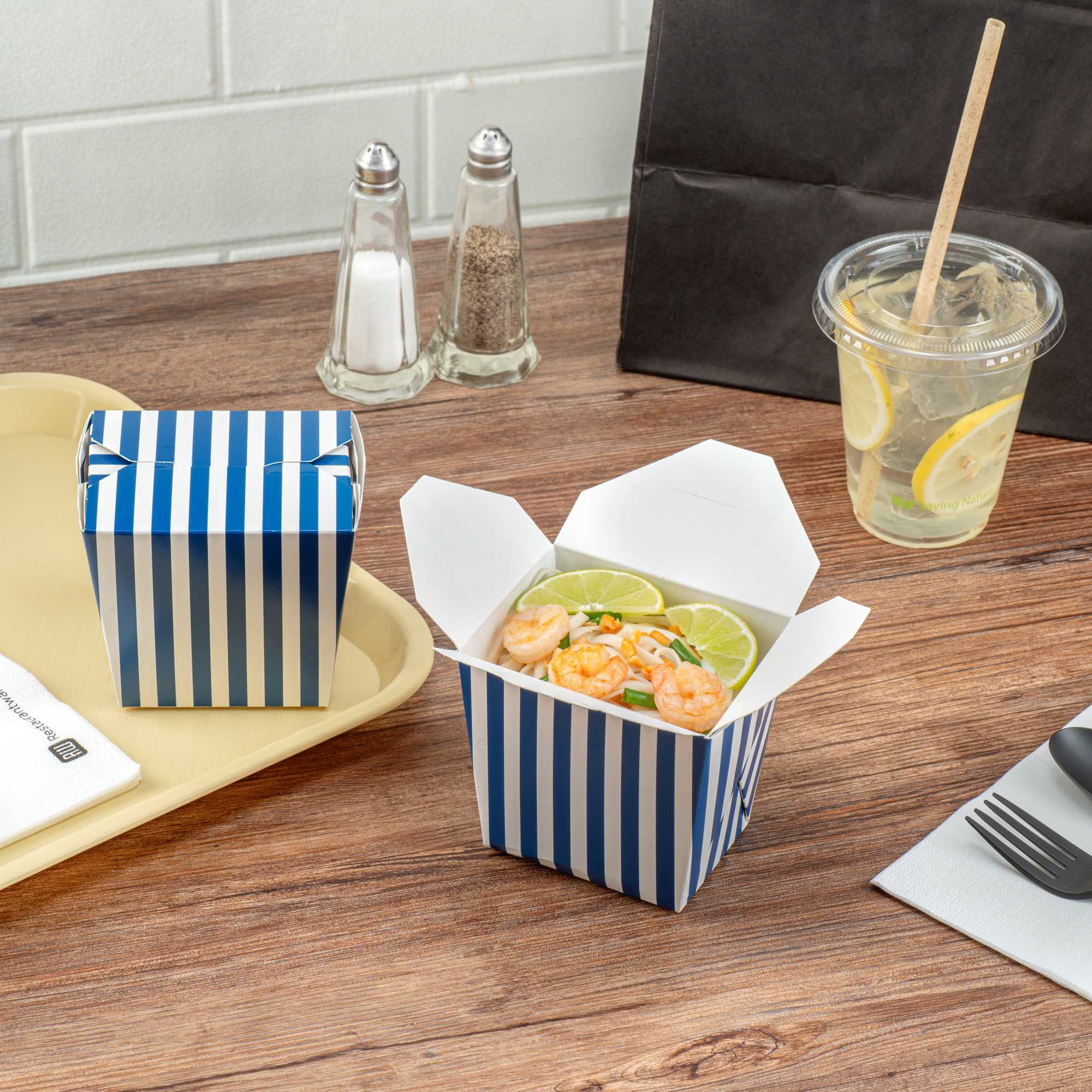 Bio Tek 16 oz Square Blue and White Stripe Paper Noodle Take Out Container - 3 1/2" x 3" x 3 1/4" - 200 count box