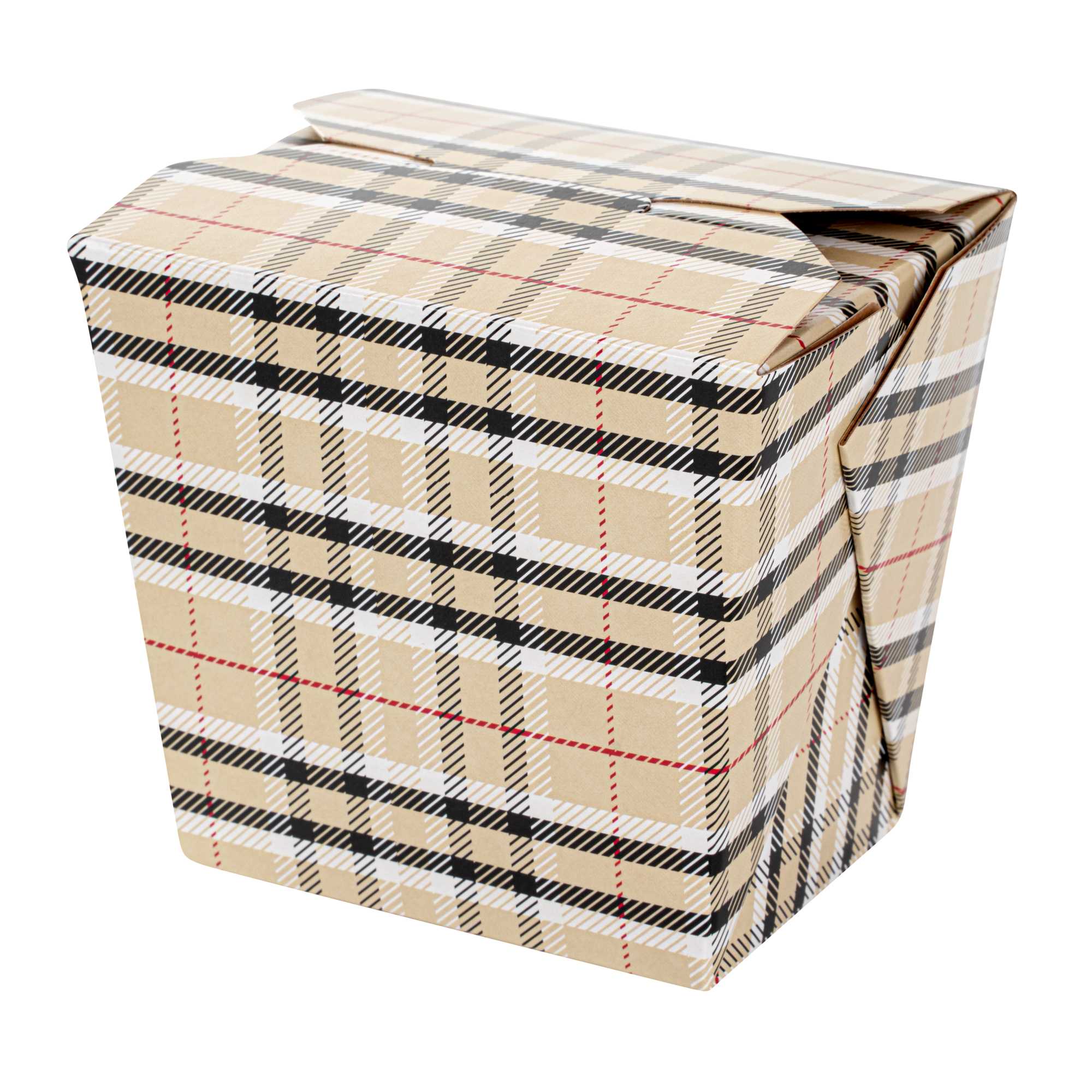 Bio Tek 16 oz Square Plaid Paper Noodle Take Out Container - 3 1/2" x 3" x 3 1/4" - 200 count box