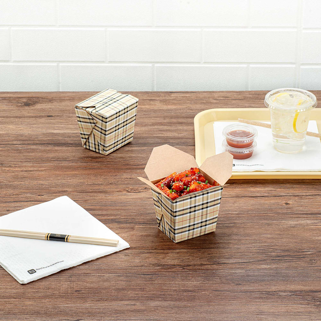 Bio Tek 16 oz Square Plaid Paper Noodle Take Out Container - 3 1/2" x 3" x 3 1/4" - 200 count box