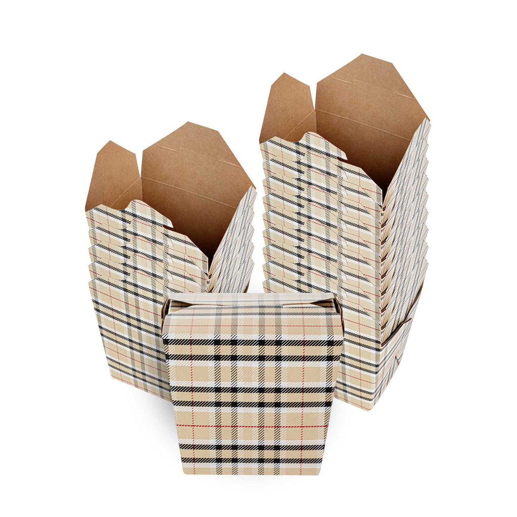 Bio Tek 16 oz Square Plaid Paper Noodle Take Out Container - 3 1/2" x 3" x 3 1/4" - 50 count box