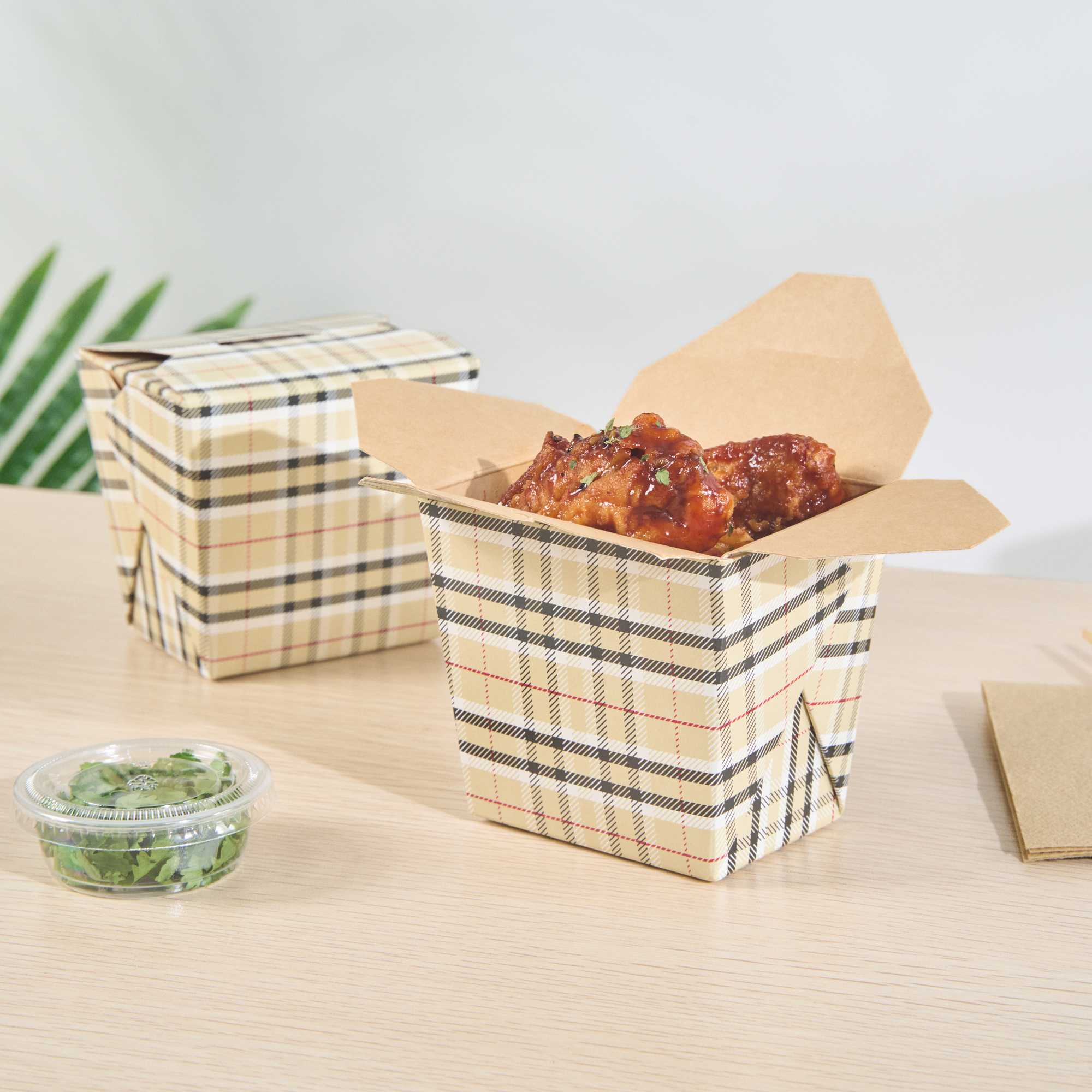Bio Tek 16 oz Square Plaid Paper Noodle Take Out Container - 3 1/2" x 3" x 3 1/4" - 50 count box