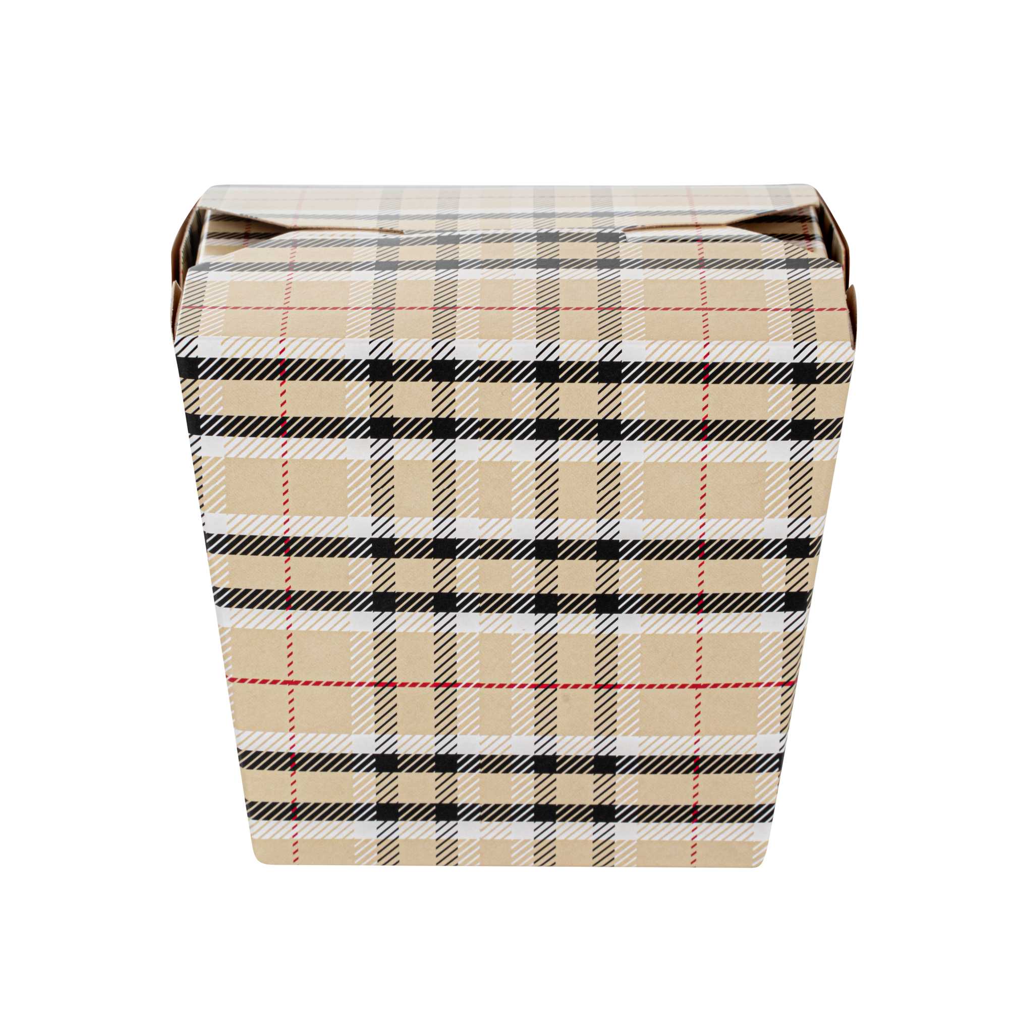 Bio Tek 16 oz Square Plaid Paper Noodle Take Out Container - 3 1/2" x 3" x 3 1/4" - 50 count box