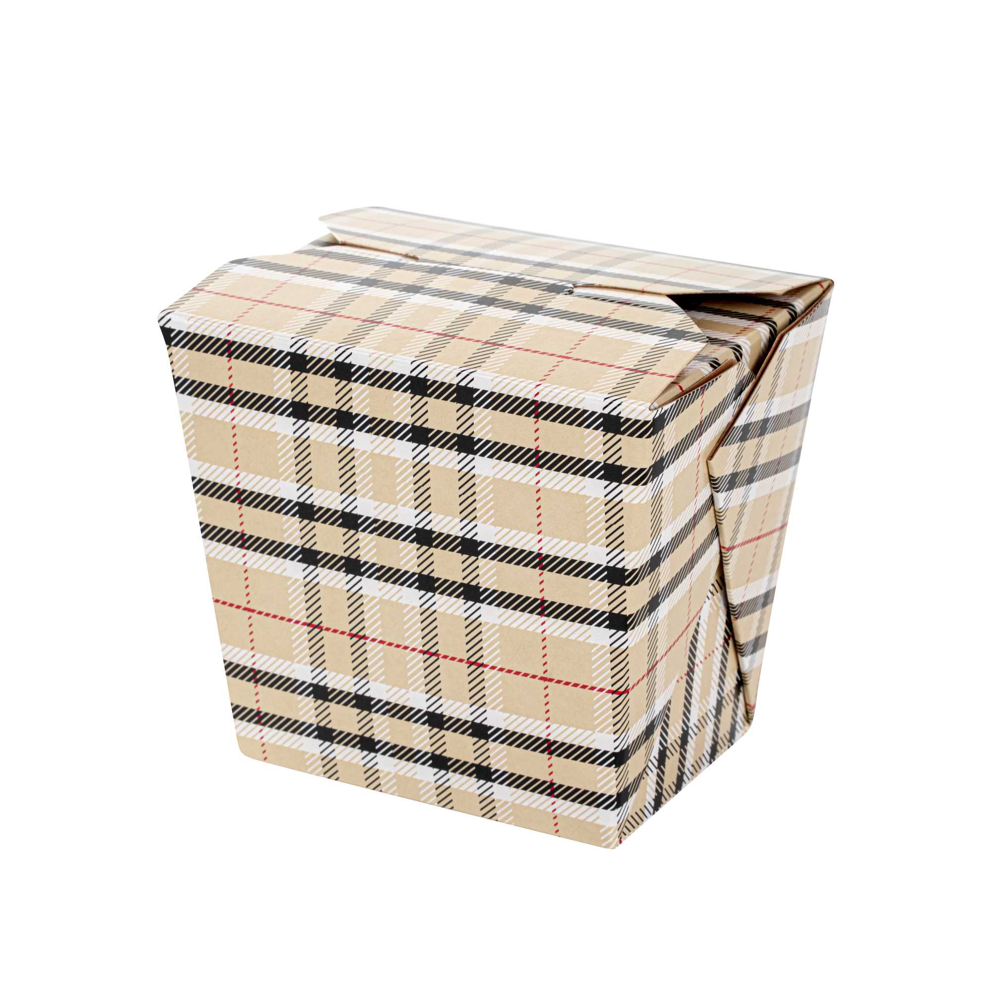 Bio Tek 16 oz Square Plaid Paper Noodle Take Out Container - 3 1/2" x 3" x 3 1/4" - 50 count box