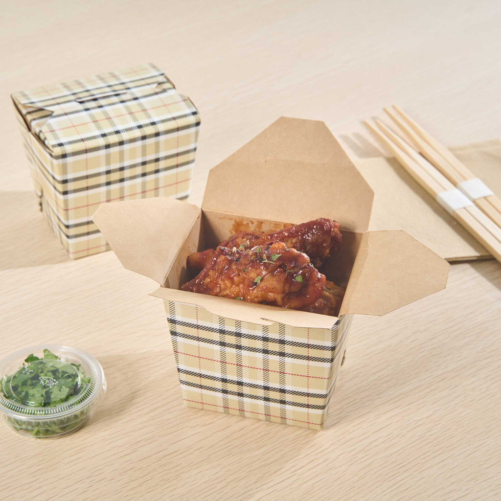 Bio Tek 16 oz Square Plaid Paper Noodle Take Out Container - 3 1/2" x 3" x 3 1/4" - 50 count box