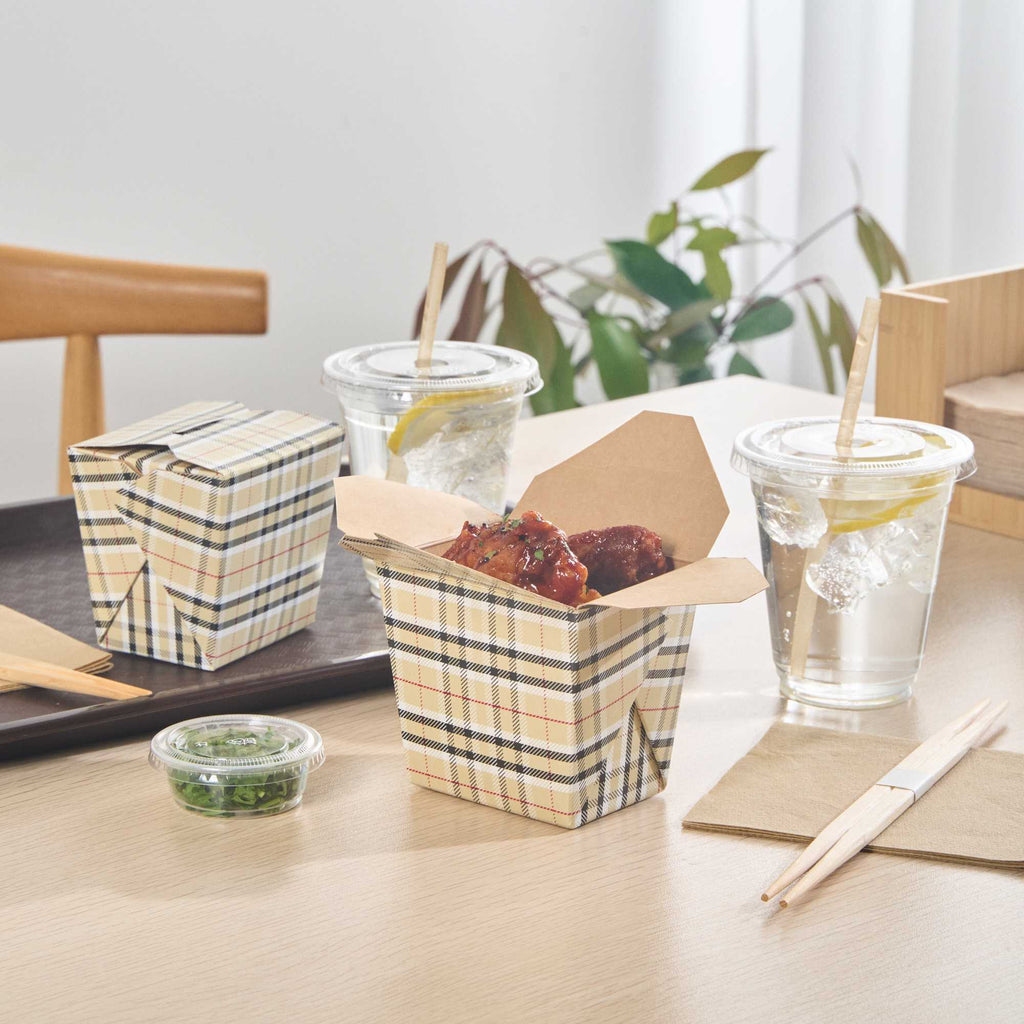 Bio Tek 16 oz Square Plaid Paper Noodle Take Out Container - 3 1/2" x 3" x 3 1/4" - 50 count box