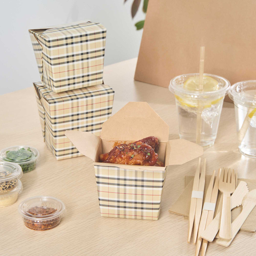 Bio Tek 16 oz Square Plaid Paper Noodle Take Out Container - 3 1/2" x 3" x 3 1/4" - 50 count box