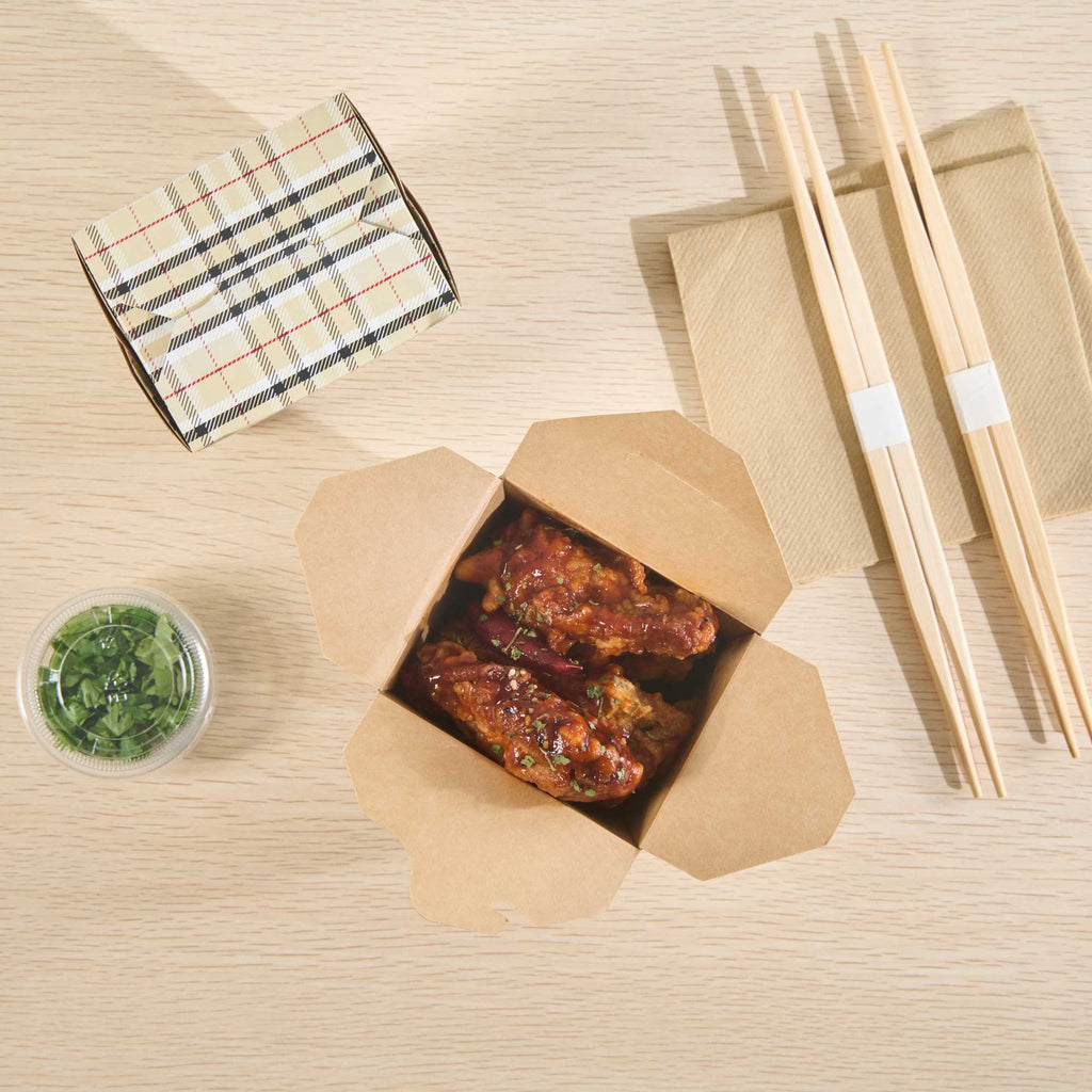 Bio Tek 16 oz Square Plaid Paper Noodle Take Out Container - 3 1/2" x 3" x 3 1/4" - 50 count box