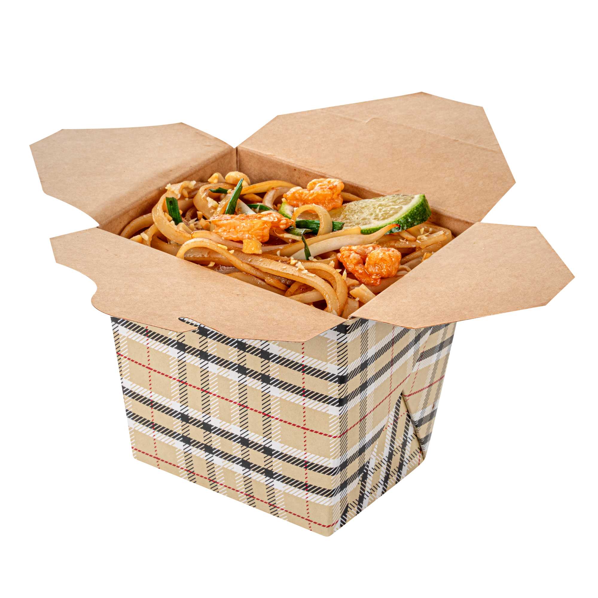 Bio Tek 16 oz Square Plaid Paper Noodle Take Out Container - 3 1/2" x 3" x 3 1/4" - 200 count box