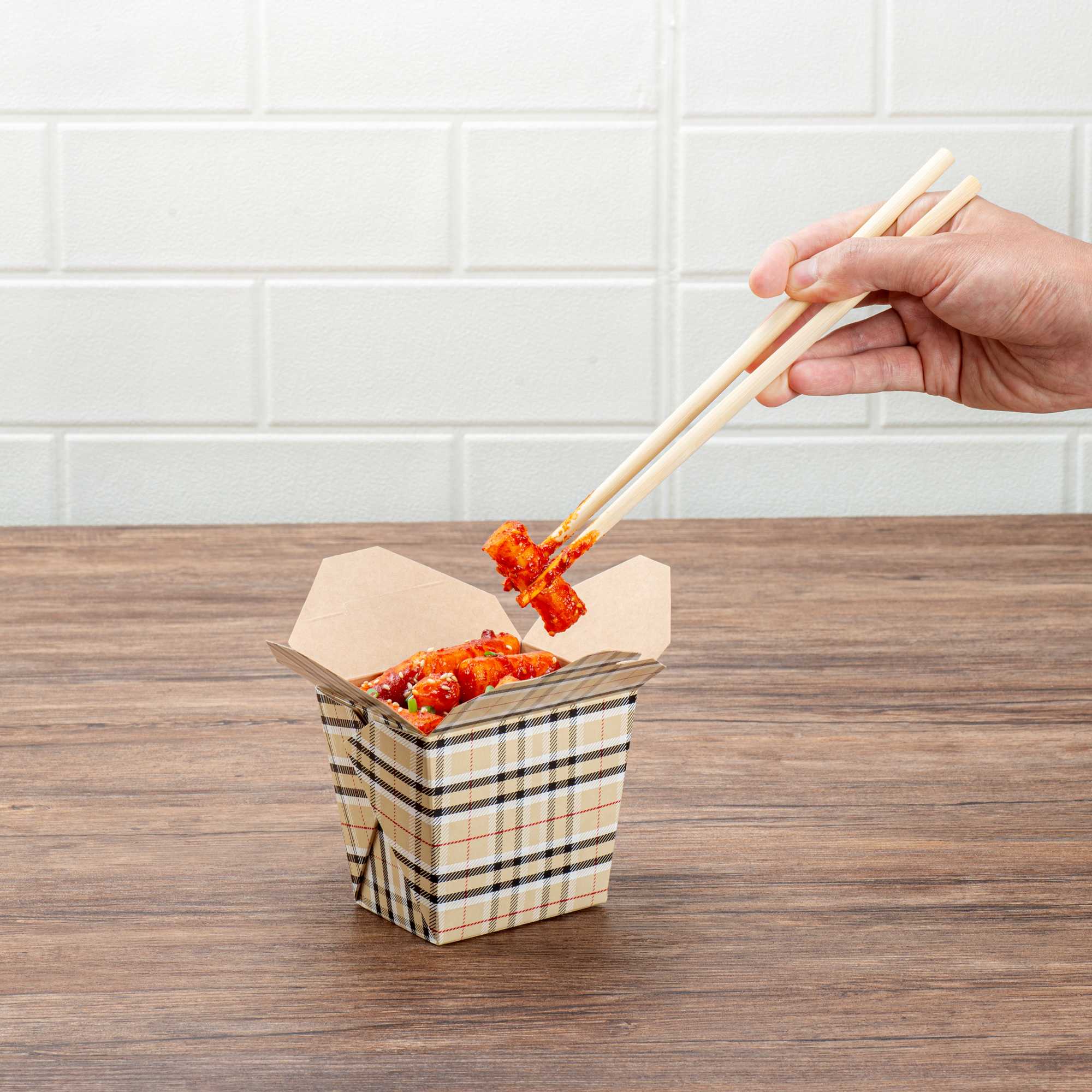 Bio Tek 16 oz Square Plaid Paper Noodle Take Out Container - 3 1/2" x 3" x 3 1/4" - 200 count box