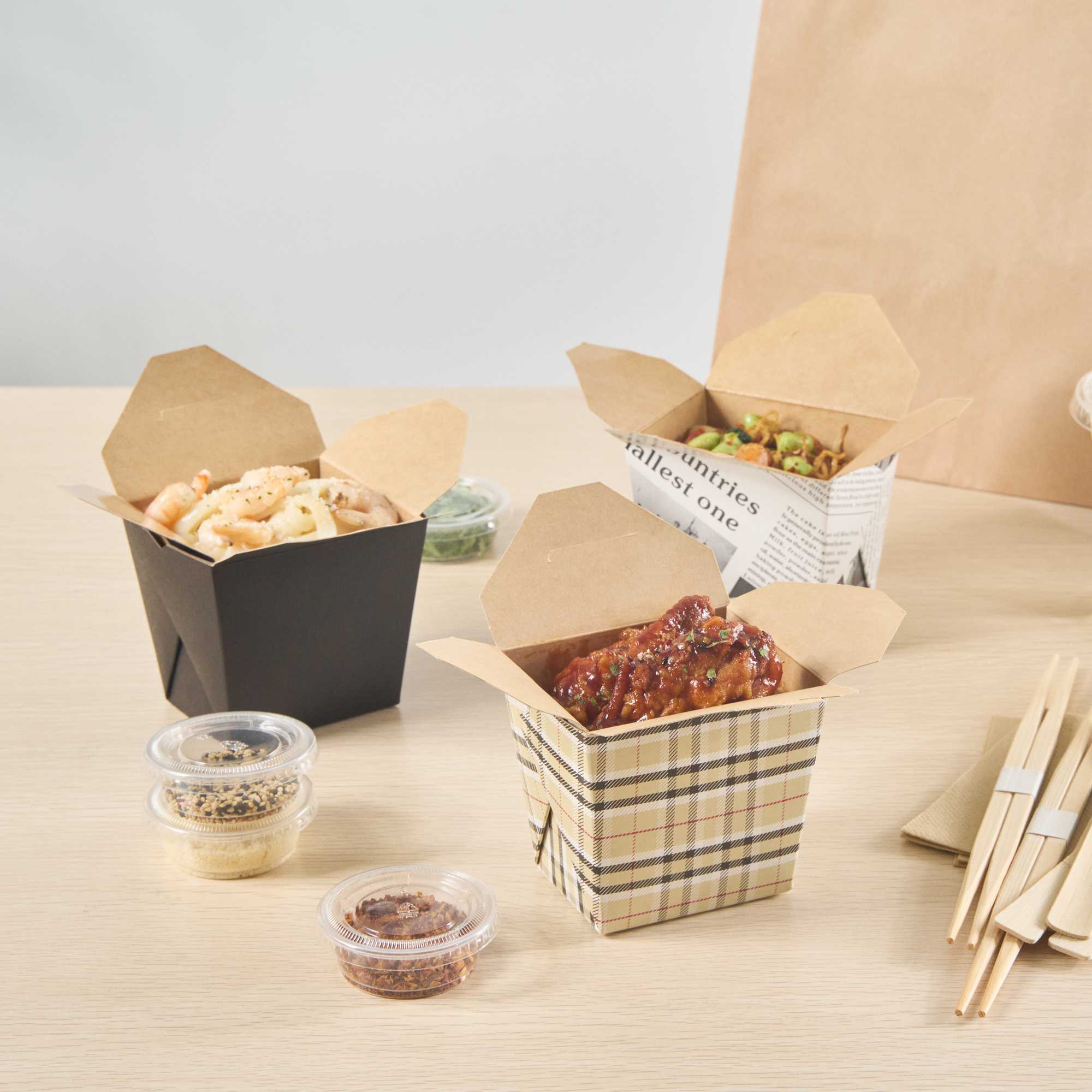 Bio Tek 16 oz Square Plaid Paper Noodle Take Out Container - 3 1/2" x 3" x 3 1/4" - 200 count box