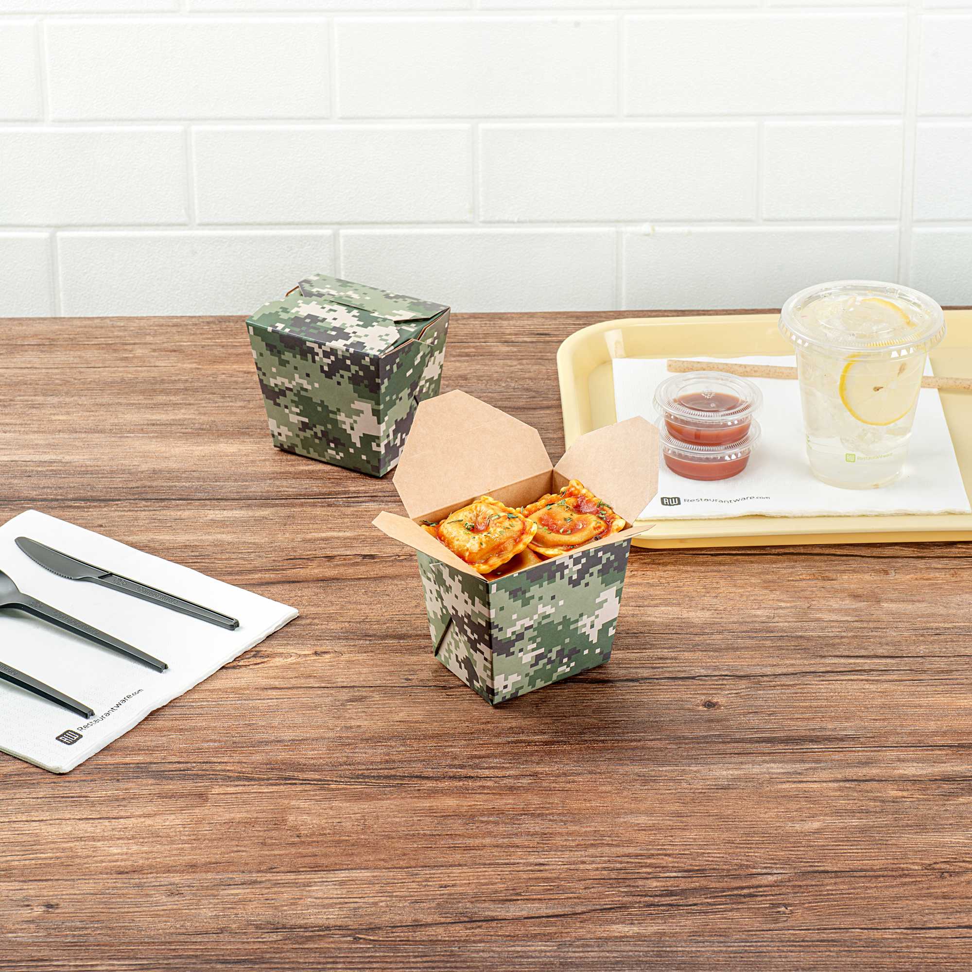 Bio Tek 16 oz Square Camouflage Paper Noodle Take Out Container - 3 1/2" x 3" x 3 1/4" - 200 count box