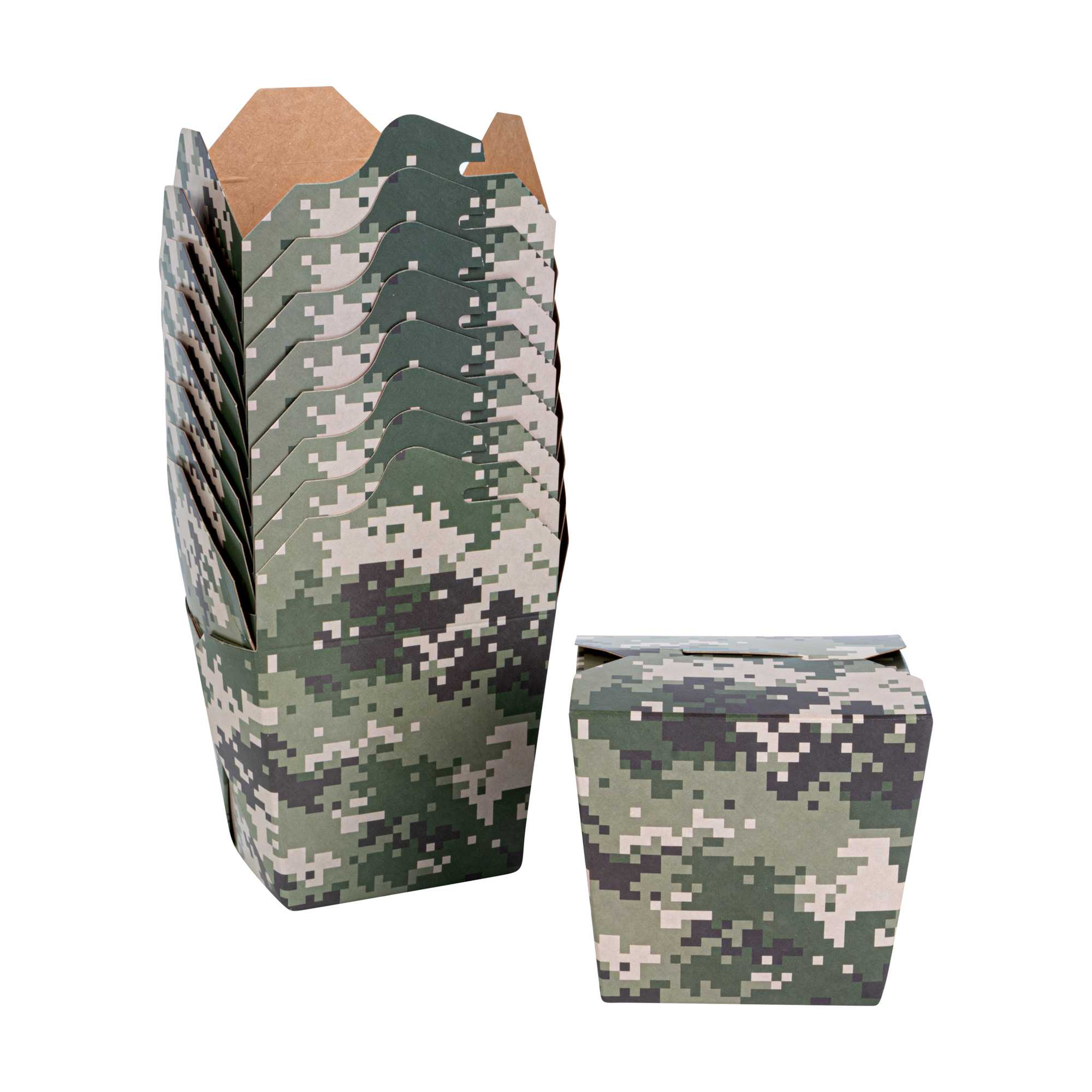 Bio Tek 16 oz Square Camouflage Paper Noodle Take Out Container - 3 1/2" x 3" x 3 1/4" - 50 count box