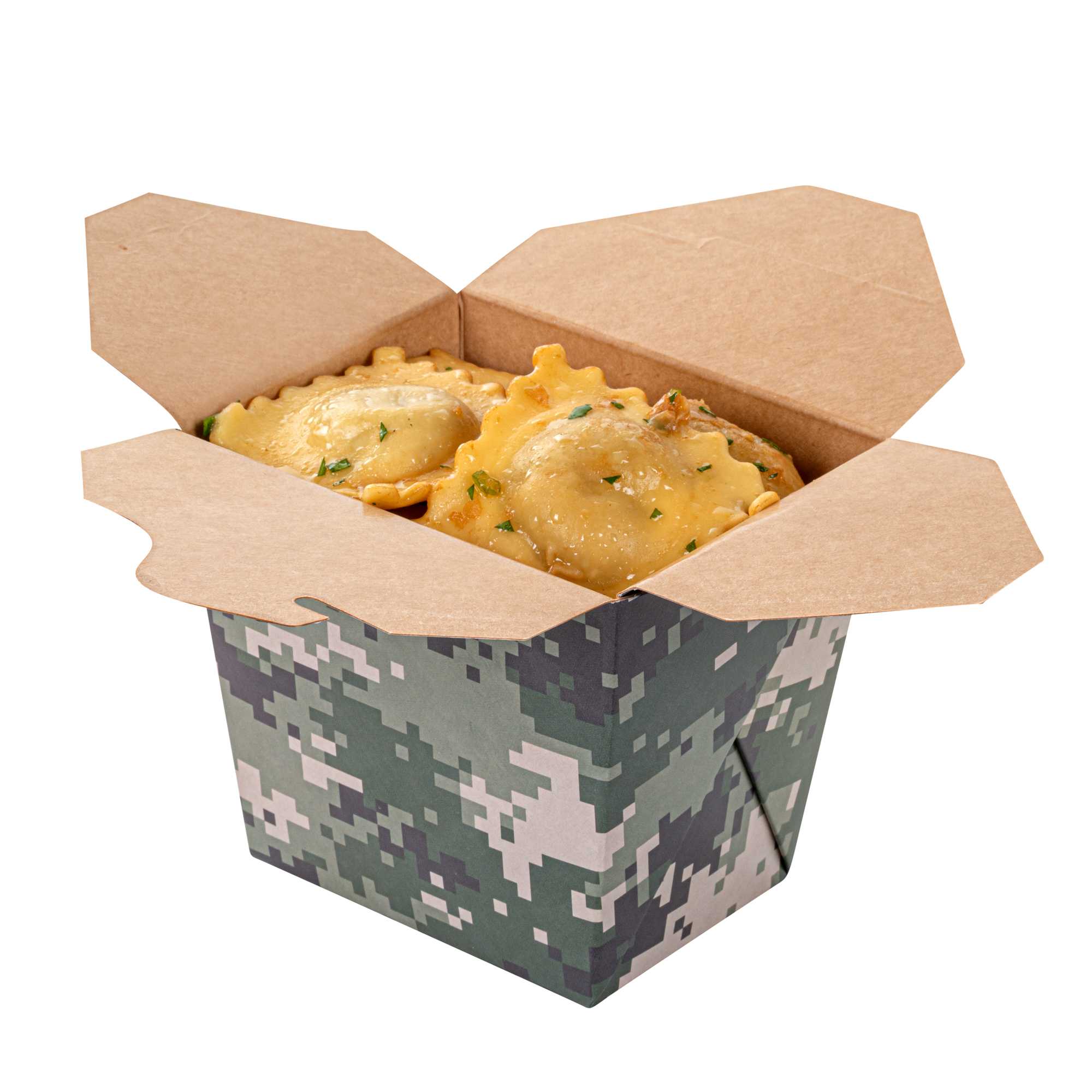 Bio Tek 16 oz Square Camouflage Paper Noodle Take Out Container - 3 1/2" x 3" x 3 1/4" - 200 count box