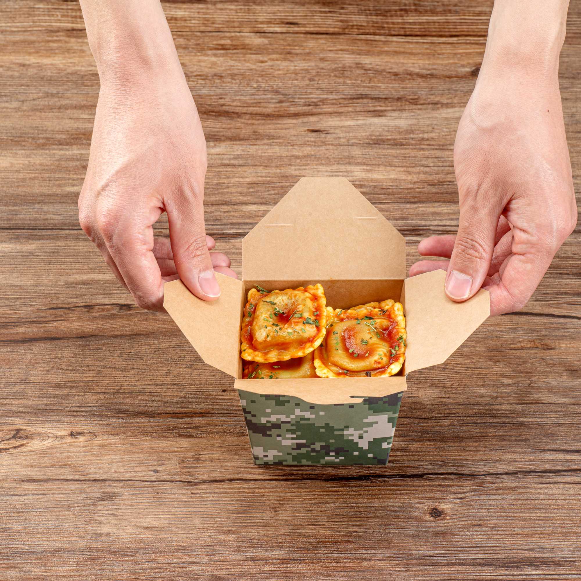 Bio Tek 16 oz Square Camouflage Paper Noodle Take Out Container - 3 1/2" x 3" x 3 1/4" - 200 count box