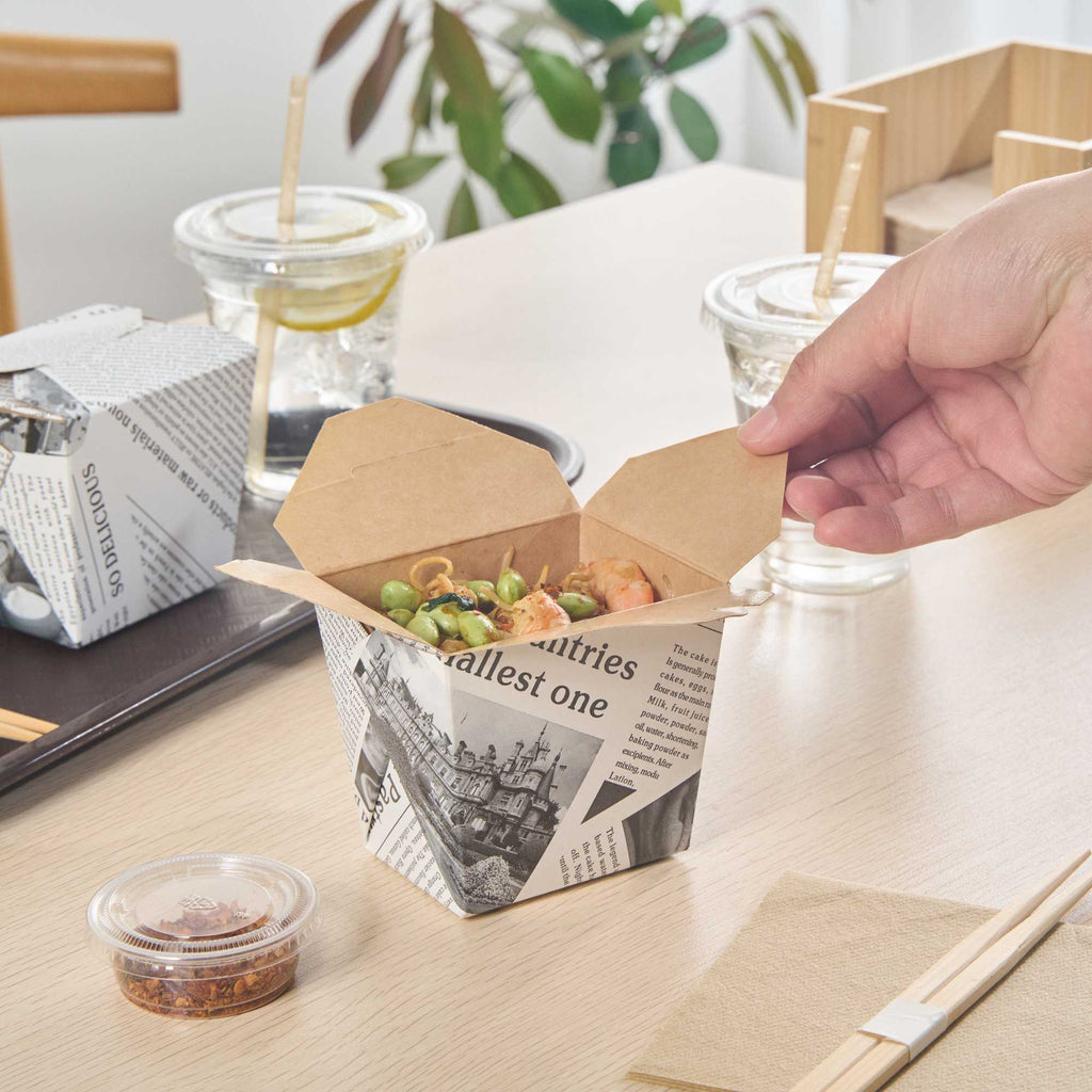 Bio Tek 16 oz Square Newsprint Paper Noodle Take Out Container - 3 1/2" x 3" x 3 1/4" - 25 count box