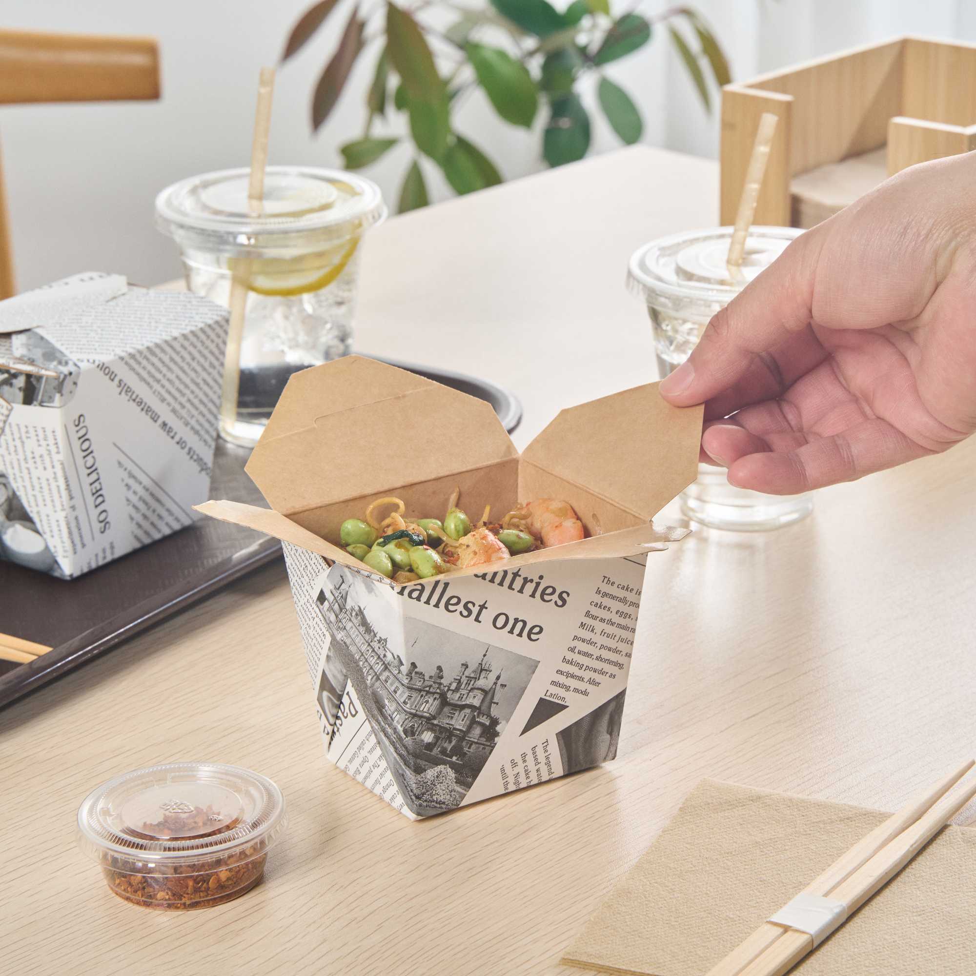 Bio Tek 16 oz Square Newsprint Paper Noodle Take Out Container - 3 1/2" x 3" x 3 1/4" - 25 count box