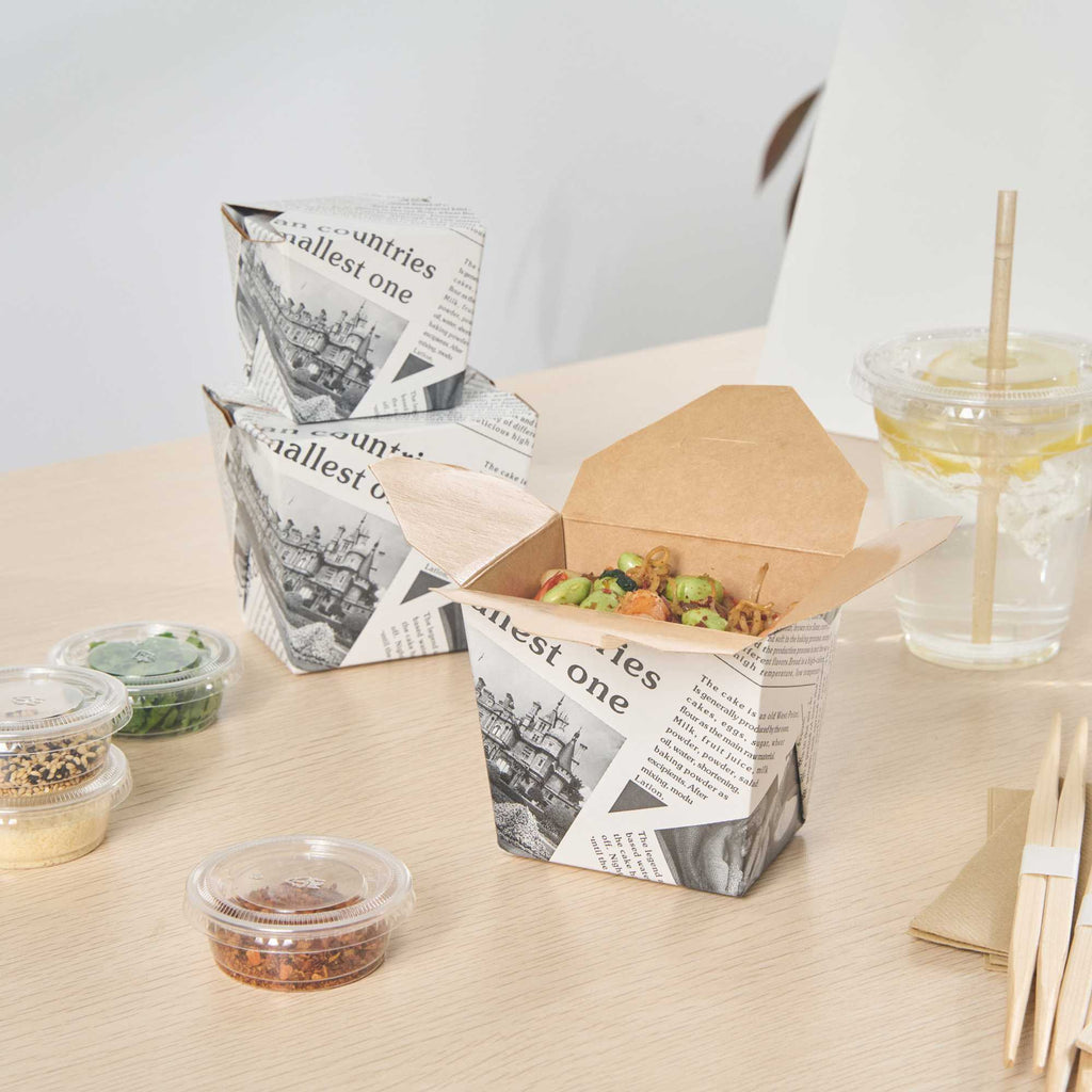 Bio Tek 16 oz Square Newsprint Paper Noodle Take Out Container - 3 1/2" x 3" x 3 1/4" - 25 count box