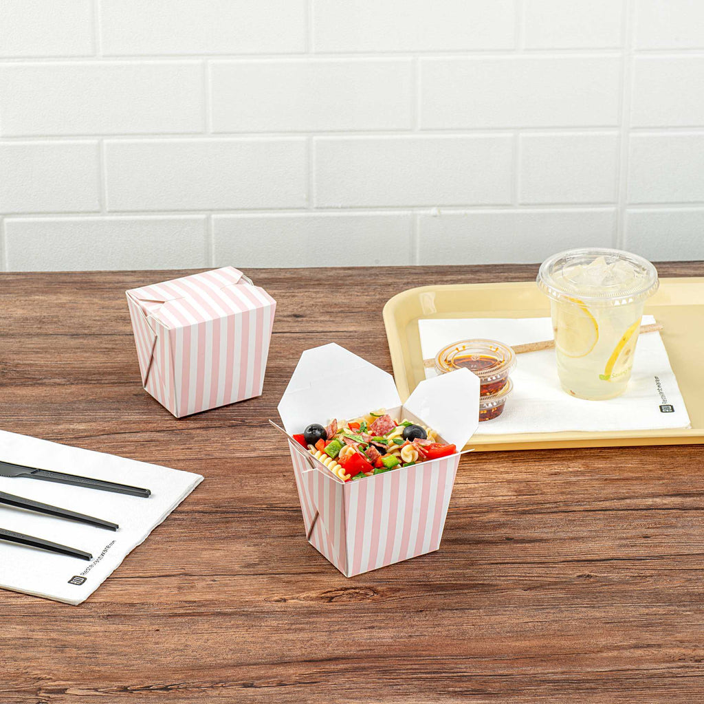 Bio Tek 16 oz Square Pink and White Stripe Paper Noodle Take Out Container - 3 1/2" x 3" x 3 1/4" - 50 count box