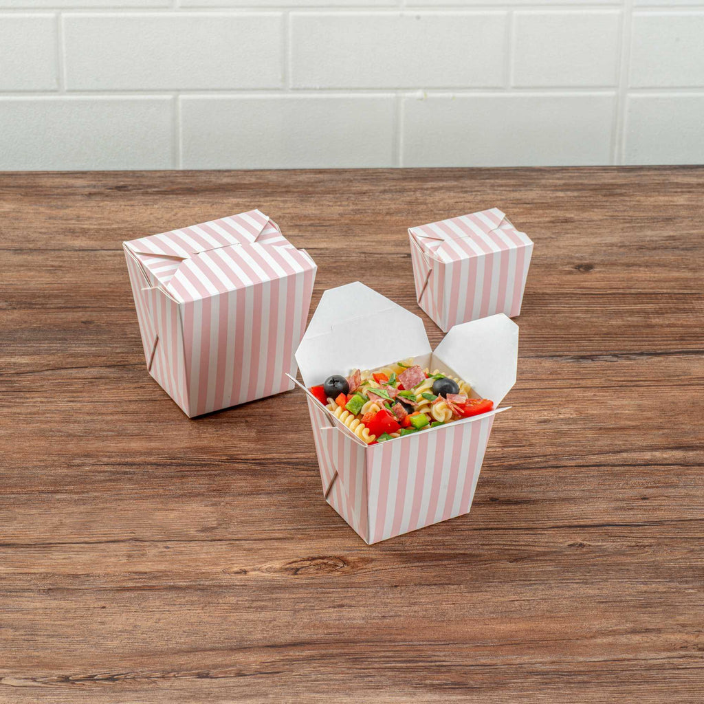 Bio Tek 16 oz Square Pink and White Stripe Paper Noodle Take Out Container - 3 1/2" x 3" x 3 1/4" - 50 count box