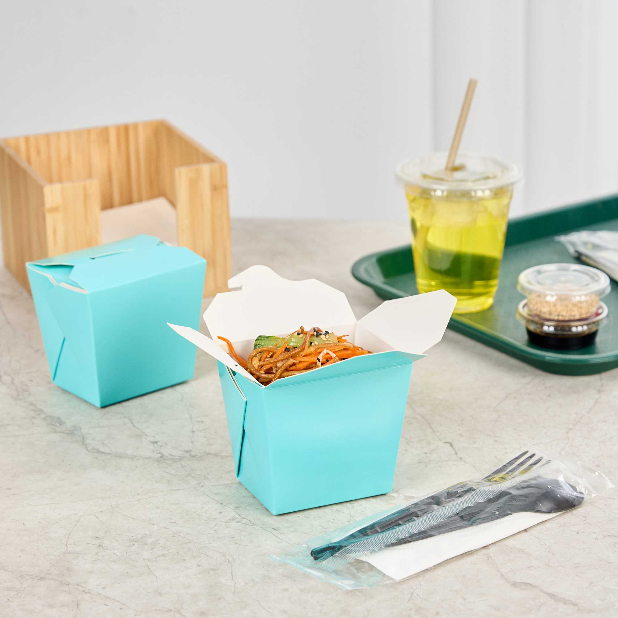 Bio Tek 16 oz Square Turquoise Paper Noodle Take Out Container - 3 1/2" x 3" x 3 1/4" - 50 count box
