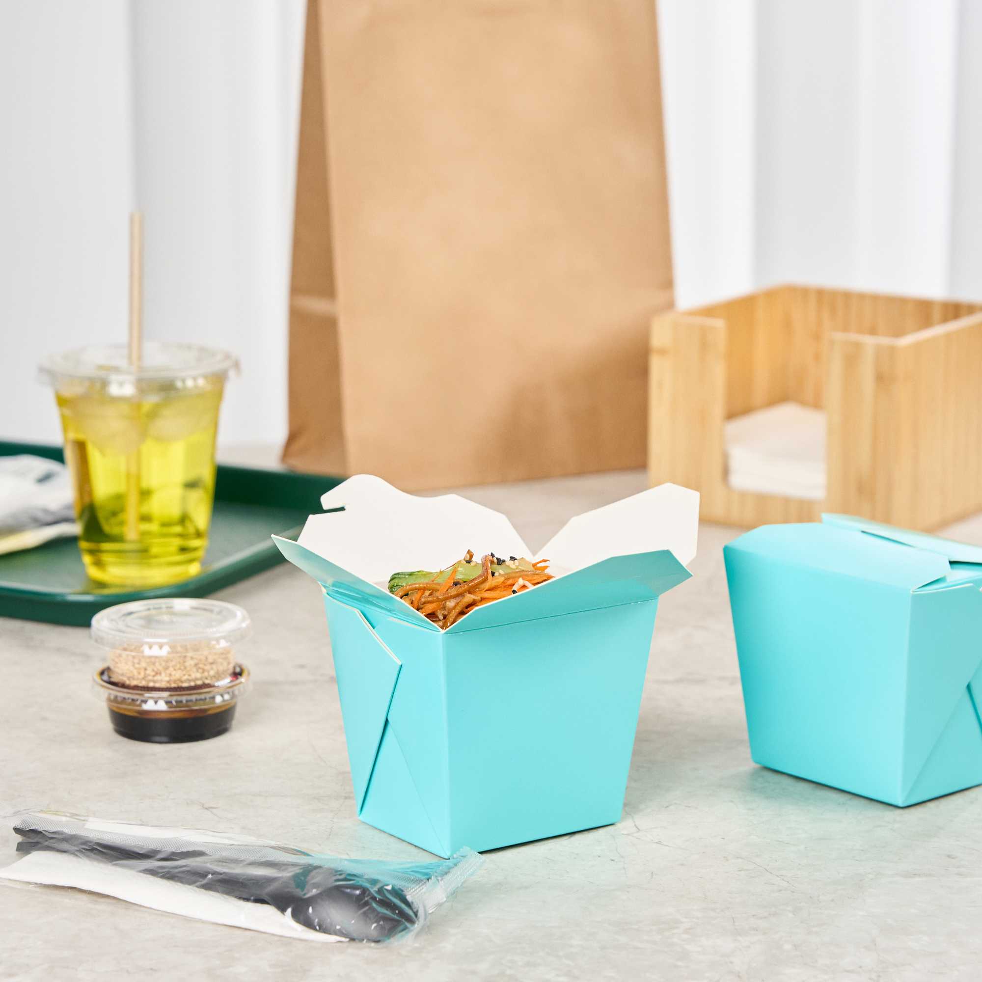 Bio Tek 16 oz Square Turquoise Paper Noodle Take Out Container - 3 1/2" x 3" x 3 1/4" - 50 count box