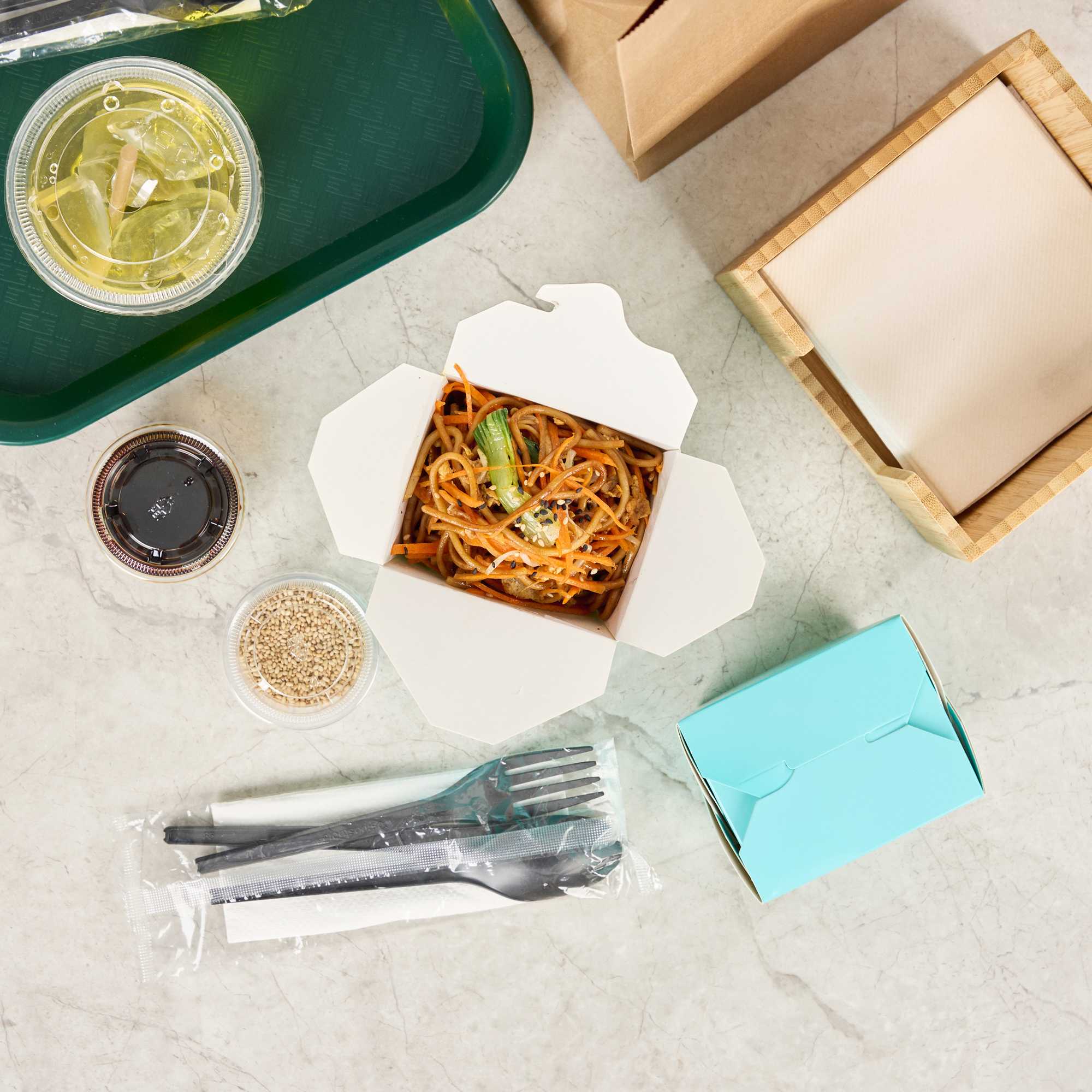 Bio Tek 16 oz Square Turquoise Paper Noodle Take Out Container - 3 1/2" x 3" x 3 1/4" - 50 count box