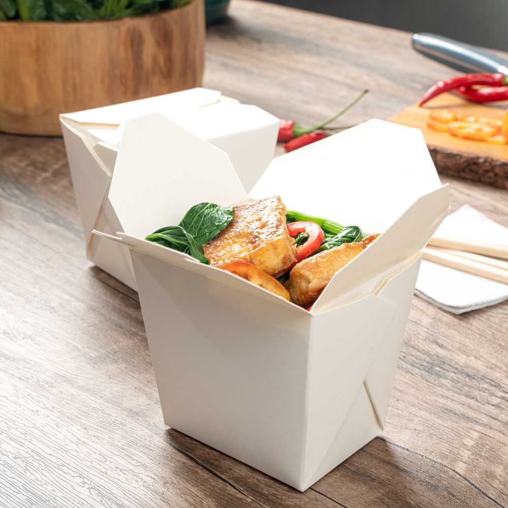 Bio Tek 16 oz Square White Paper Noodle Take Out Container - 3 1/2" x 3" x 3 1/4" - 200 count box
