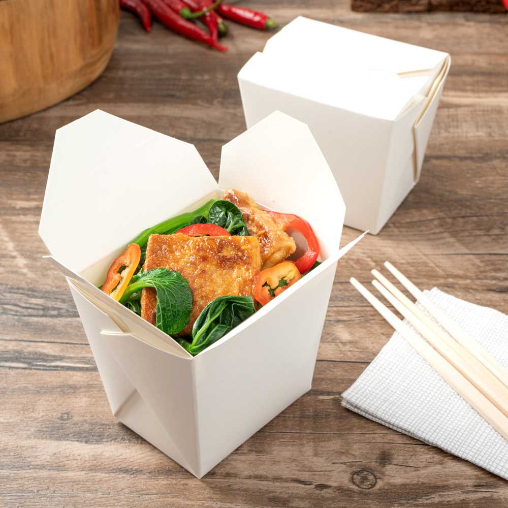 Bio Tek 16 oz Square White Paper Noodle Take Out Container - 3 1/2" x 3" x 3 1/4" - 200 count box