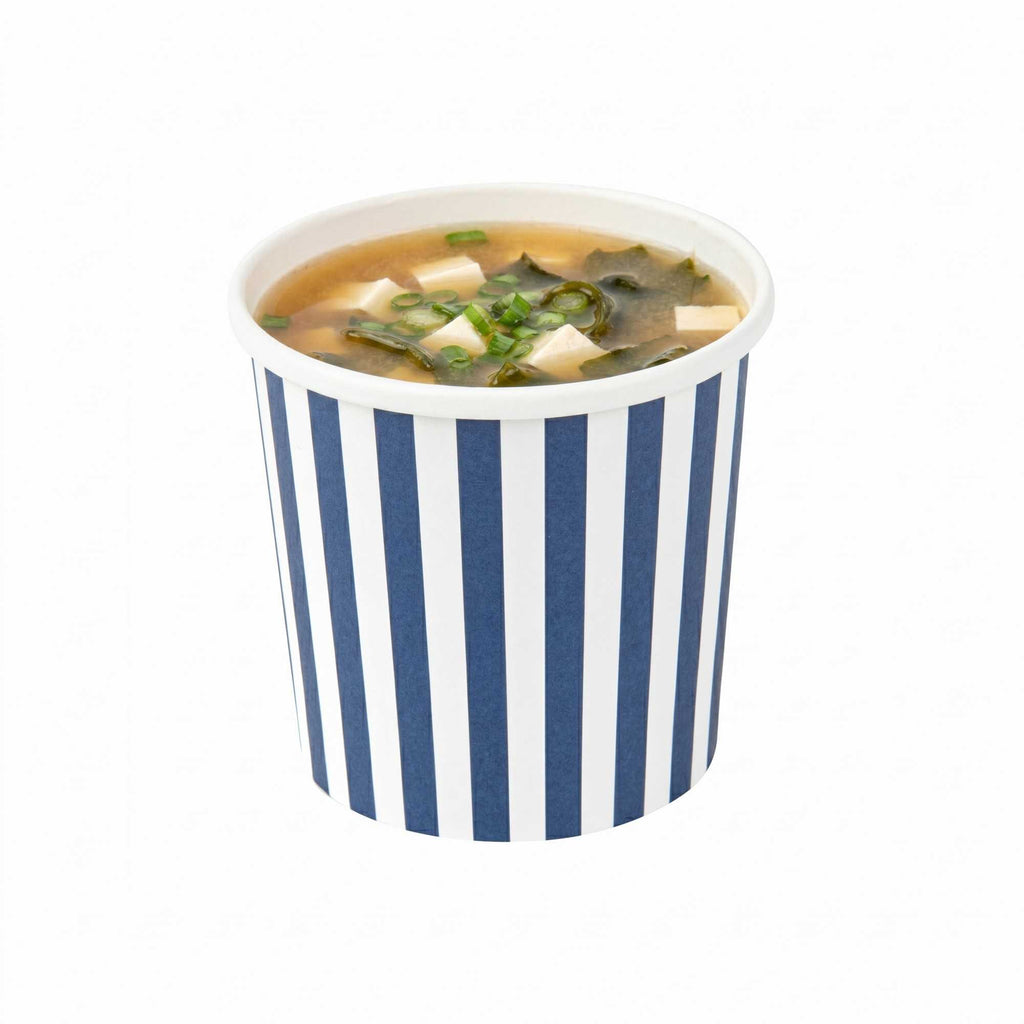 Bio Tek 12 oz Round Blue and White Stripe Paper Soup Container - 3 1/2" x 3 1/2" x 3 1/2" - 25 count box