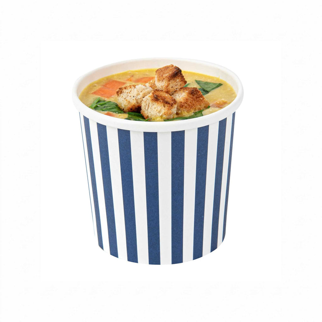 Bio Tek 12 oz Round Blue and White Stripe Paper Soup Container - 3 1/2" x 3 1/2" x 3 1/2" - 25 count box