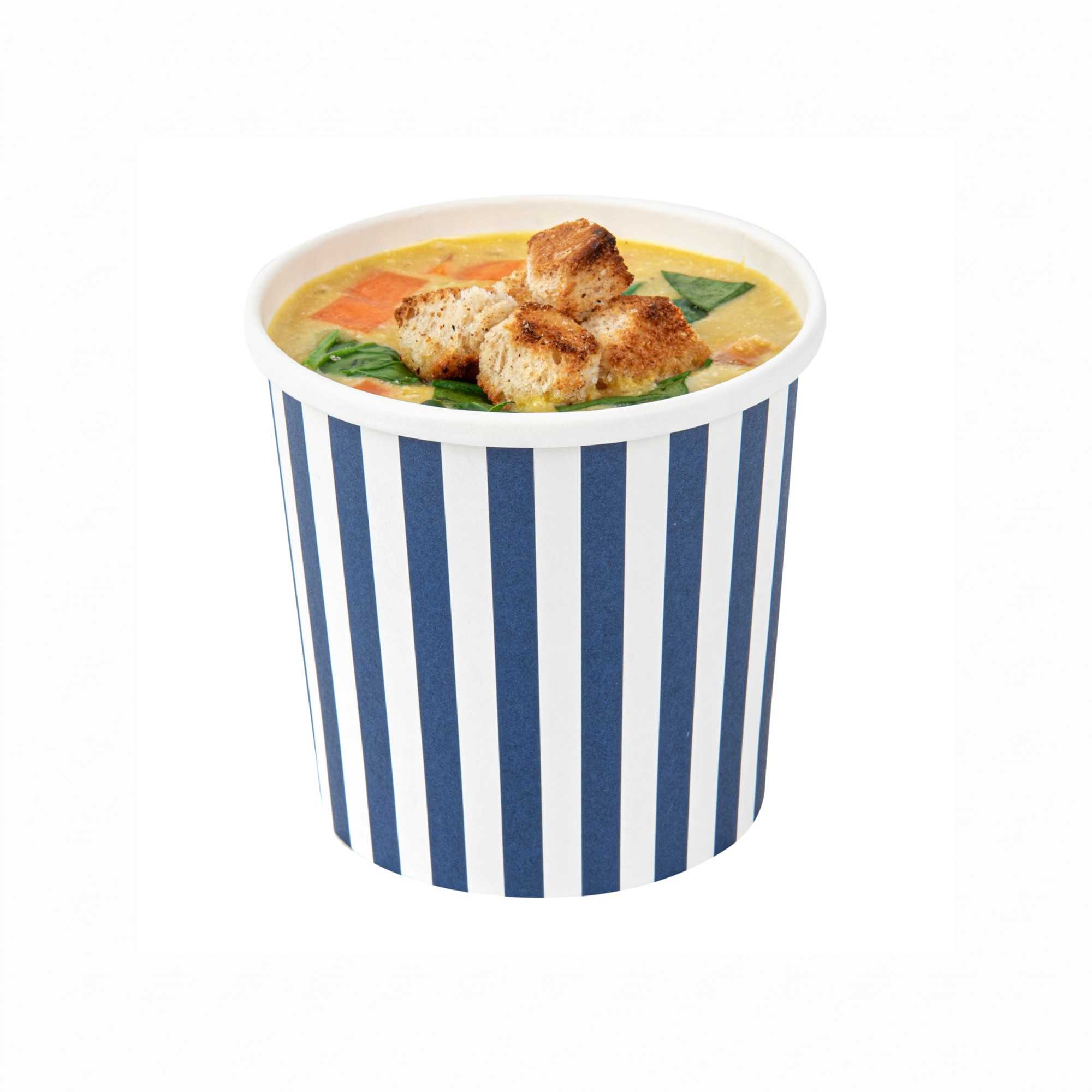 Bio Tek 12 oz Round Blue and White Stripe Paper Soup Container - 3 1/2" x 3 1/2" x 3 1/2" - 25 count box
