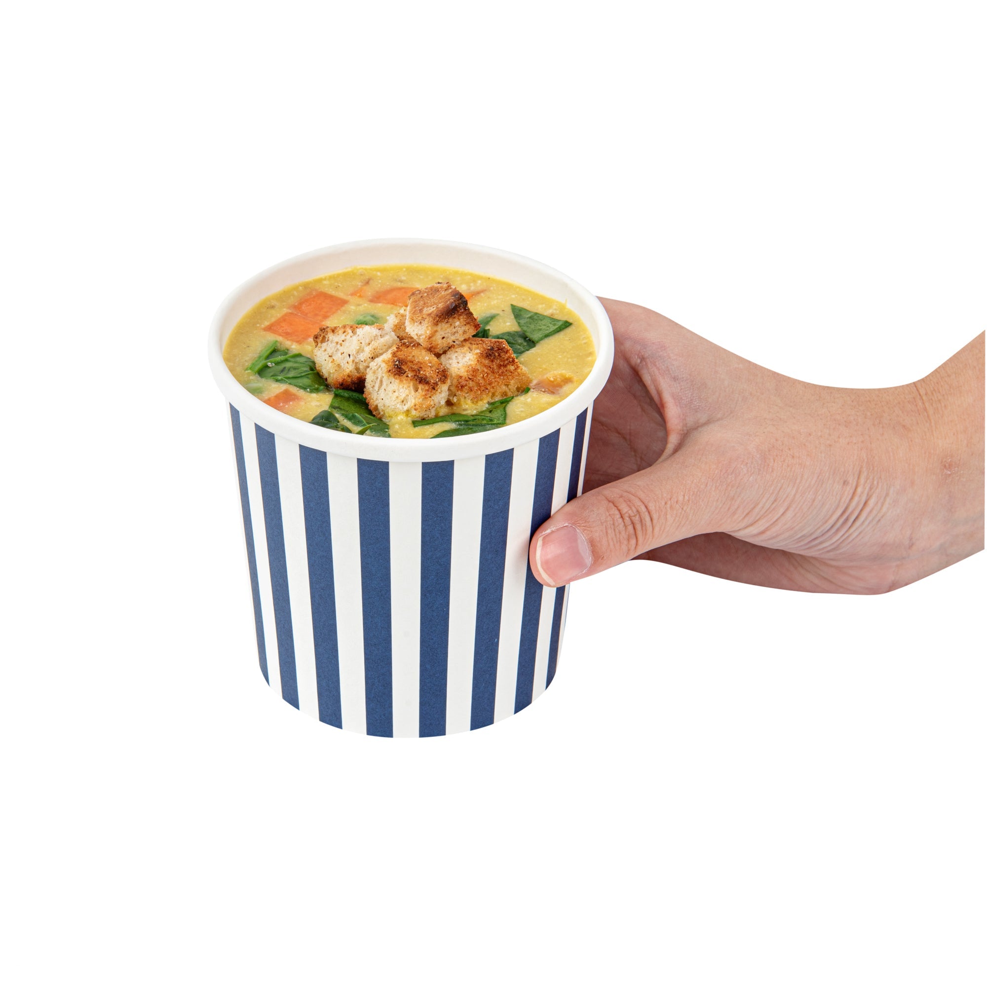 Bio Tek 12 oz Round Blue and White Stripe Paper Soup Container - 3 1/2" x 3 1/2" x 3 1/2" - 25 count box