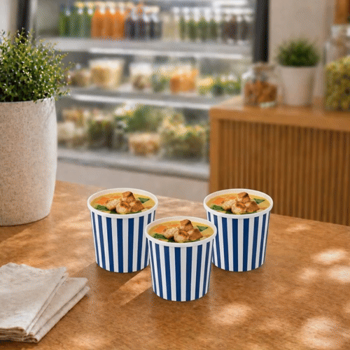 Bio Tek 12 oz Round Blue and White Stripe Paper Soup Container - 3 1/2" x 3 1/2" x 3 1/2" - 25 count box