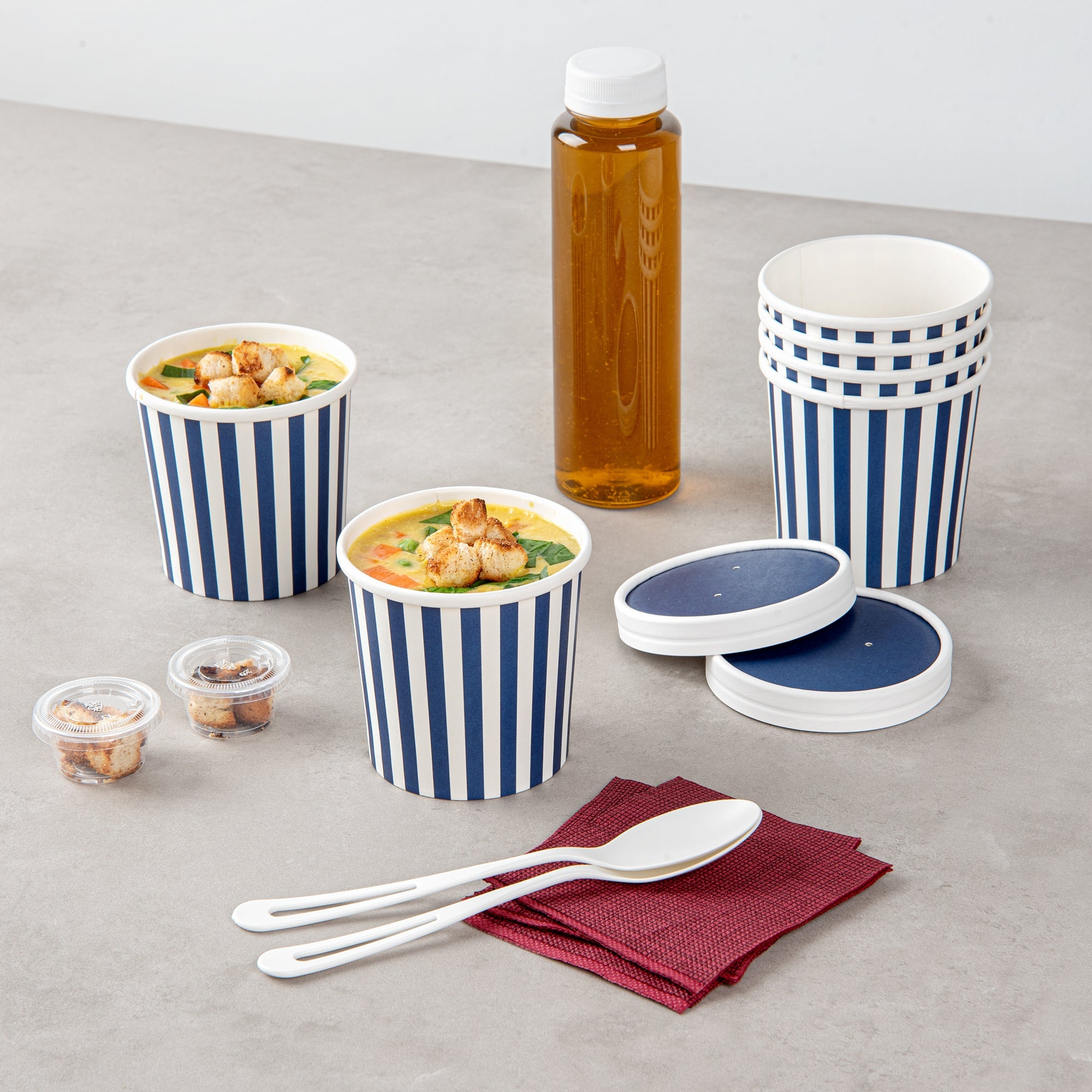 Bio Tek 12 oz Round Blue and White Stripe Paper Soup Container - 3 1/2" x 3 1/2" x 3 1/2" - 25 count box