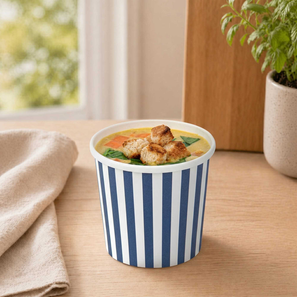Bio Tek 12 oz Round Blue and White Stripe Paper Soup Container - 3 1/2" x 3 1/2" x 3 1/2" - 200 count box