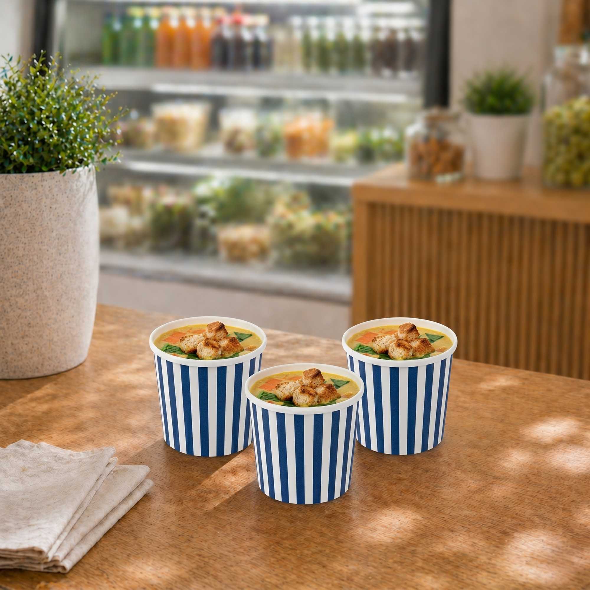 Bio Tek 12 oz Round Blue and White Stripe Paper Soup Container - 3 1/2" x 3 1/2" x 3 1/2" - 200 count box