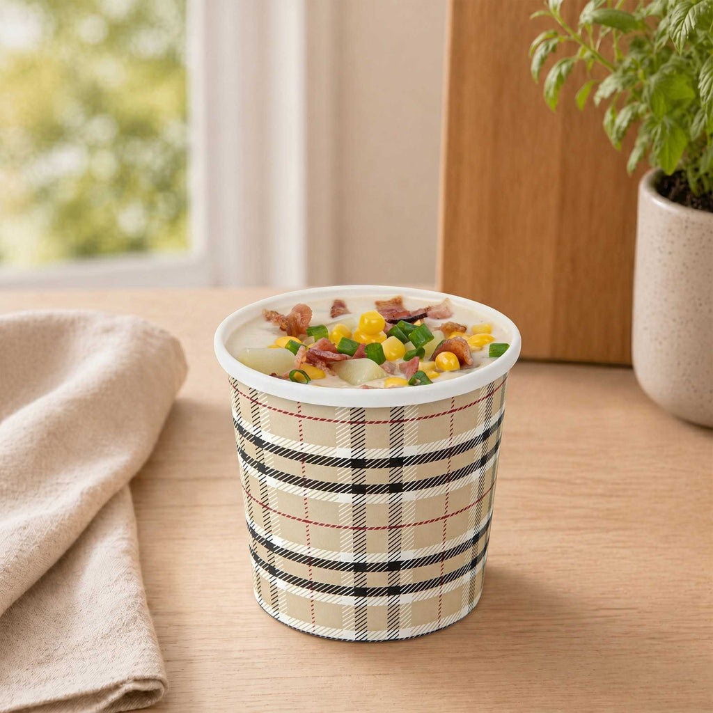Bio Tek 12 oz Round Plaid Paper Soup Container - 3 1/2" x 3 1/2" x 3 1/2" - 200 count box