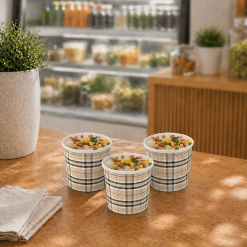 Bio Tek 12 oz Round Plaid Paper Soup Container - 3 1/2" x 3 1/2" x 3 1/2" - 200 count box