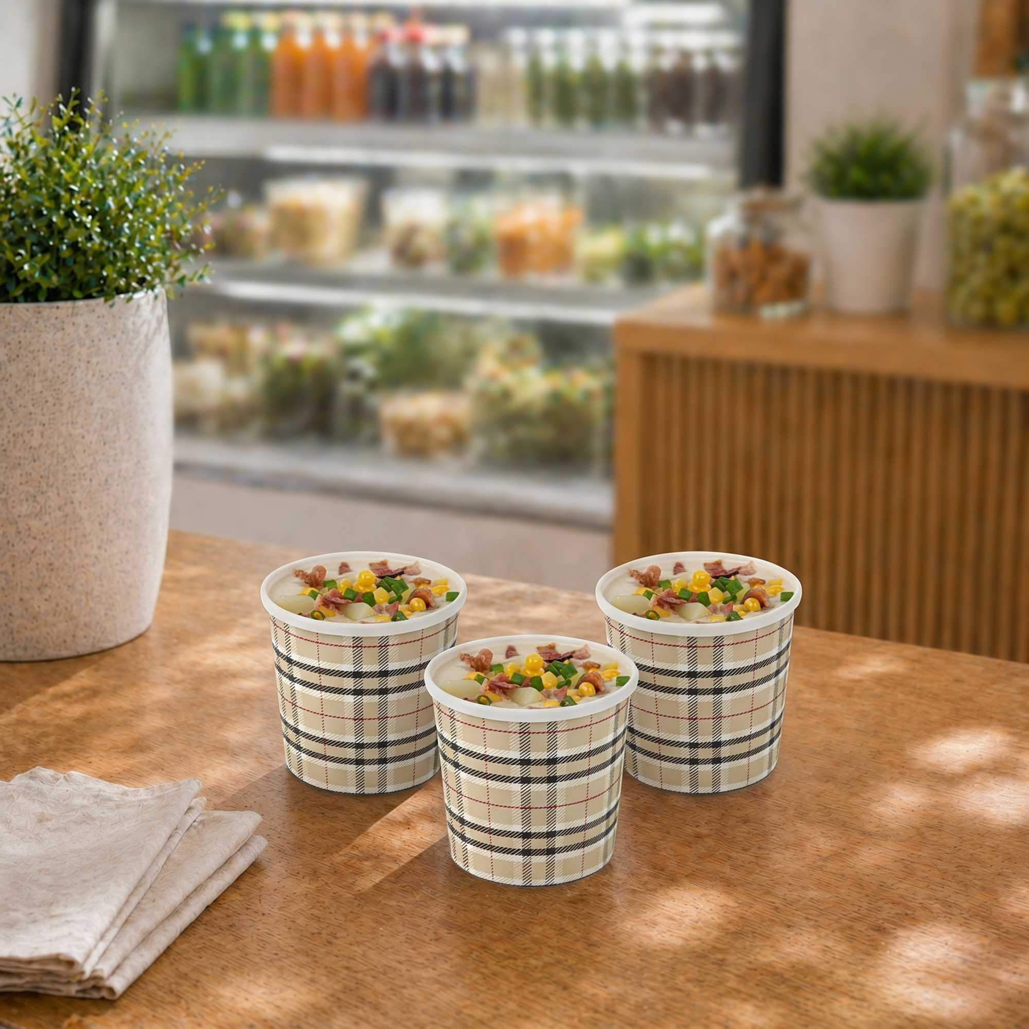Bio Tek 12 oz Round Plaid Paper Soup Container - 3 1/2" x 3 1/2" x 3 1/2" - 200 count box