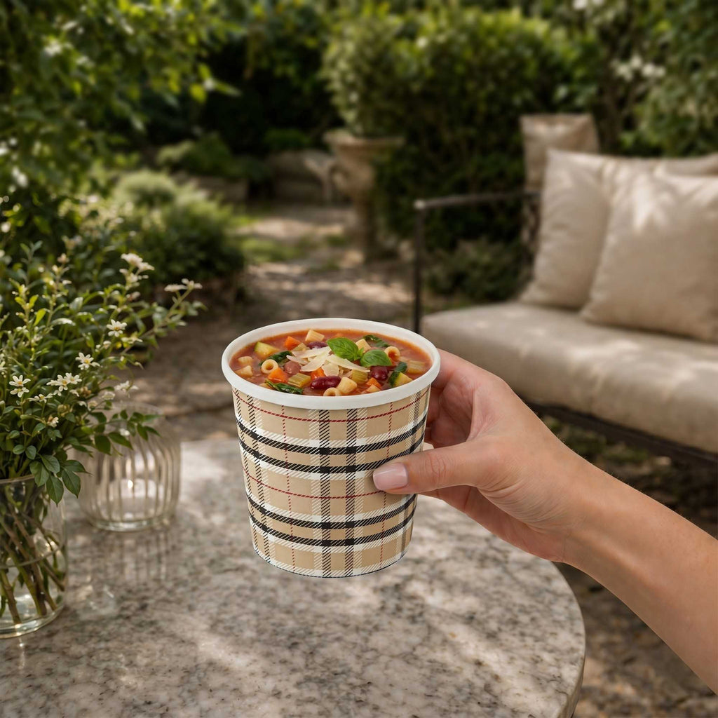 Bio Tek 12 oz Round Plaid Paper Soup Container - 3 1/2" x 3 1/2" x 3 1/2" - 200 count box