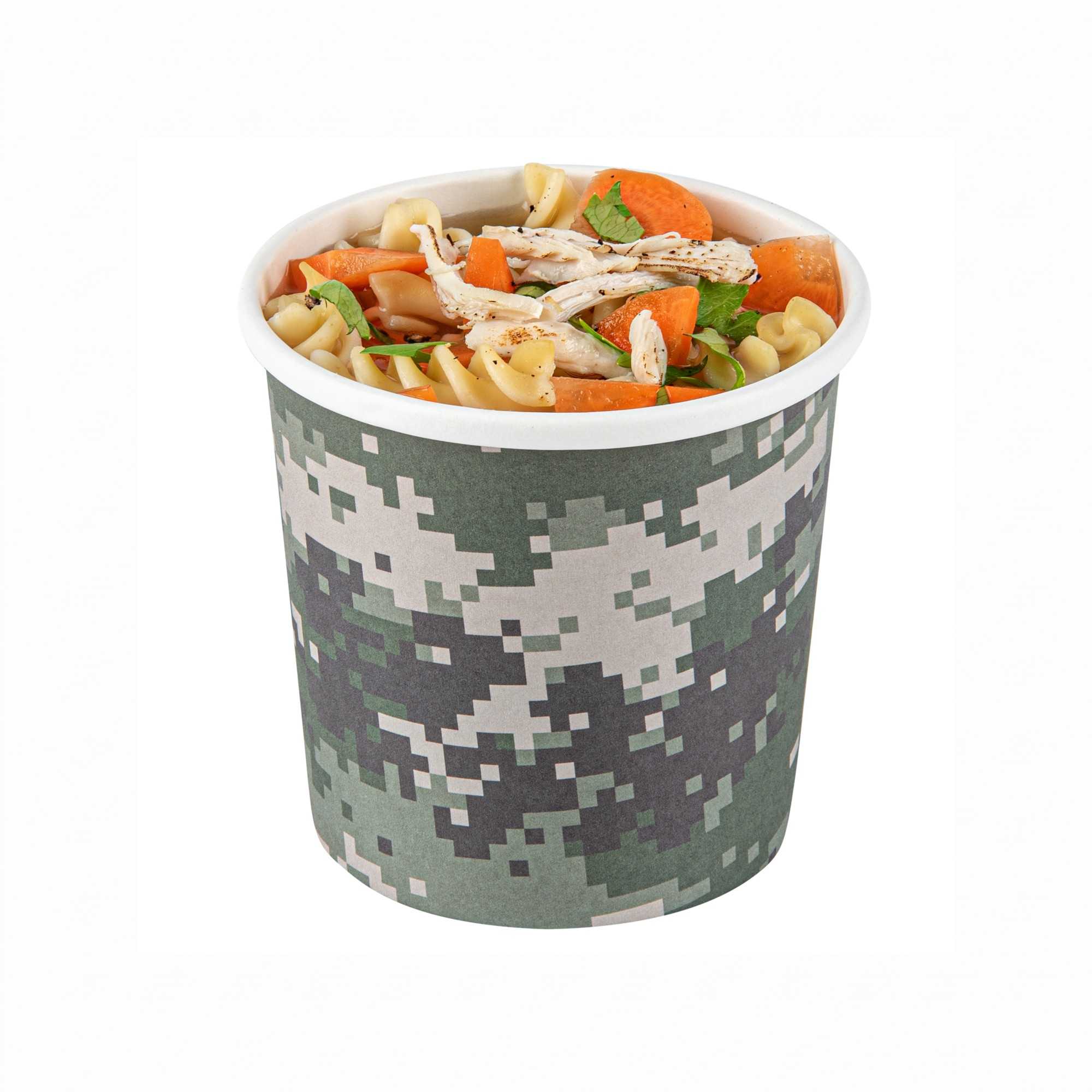 Bio Tek 12 oz Round Camouflage Paper Soup Container - 3 1/2" x 3 1/2" x 3 1/2" - 200 count box