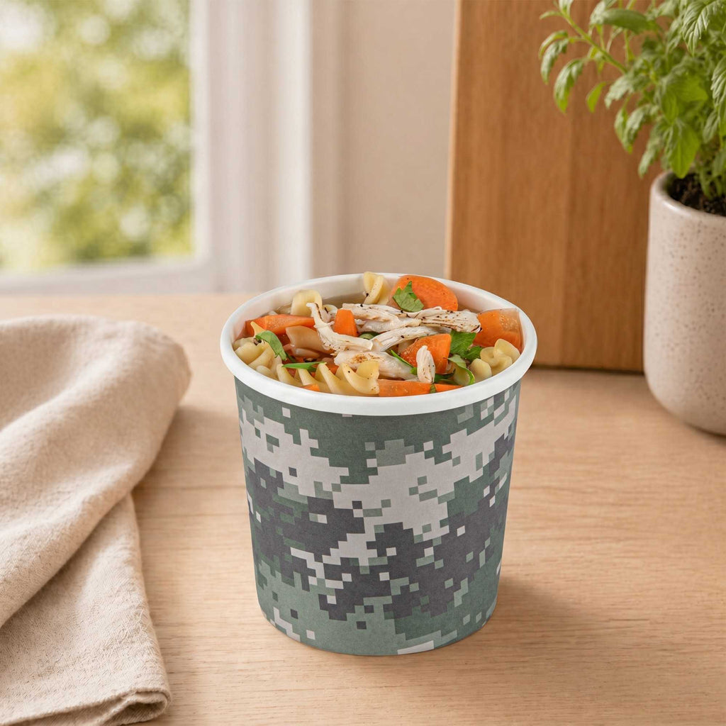 Bio Tek 12 oz Round Camouflage Paper Soup Container - 3 1/2" x 3 1/2" x 3 1/2" - 200 count box