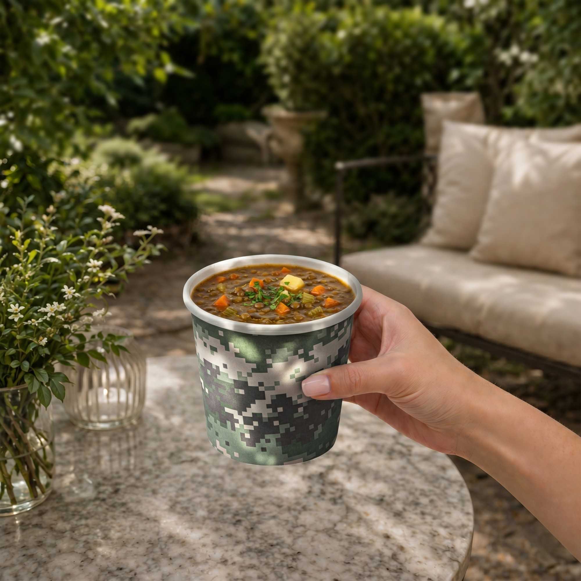 Bio Tek 12 oz Round Camouflage Paper Soup Container - 3 1/2" x 3 1/2" x 3 1/2" - 200 count box