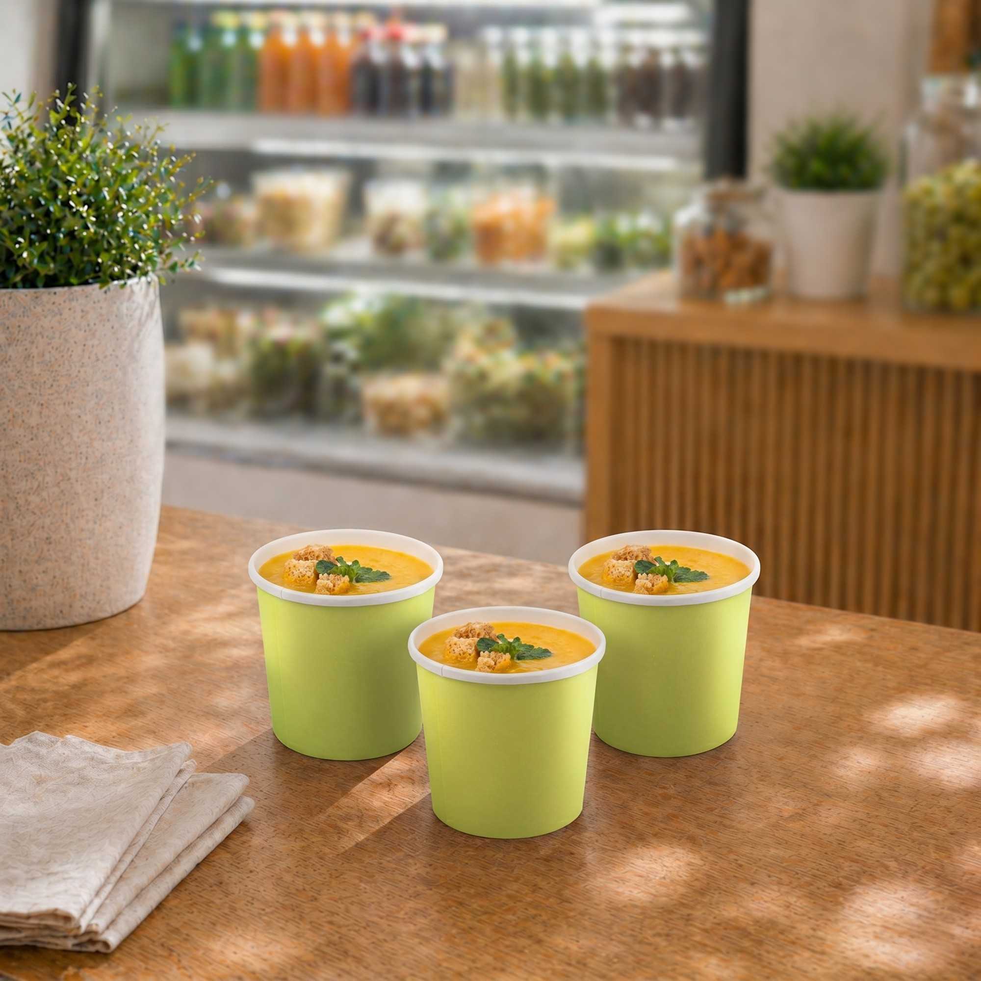 Bio Tek 12 oz Round Eco Green Paper Soup Container - 3 1/2" x 3 1/2" x 3 1/2" - 25 count box